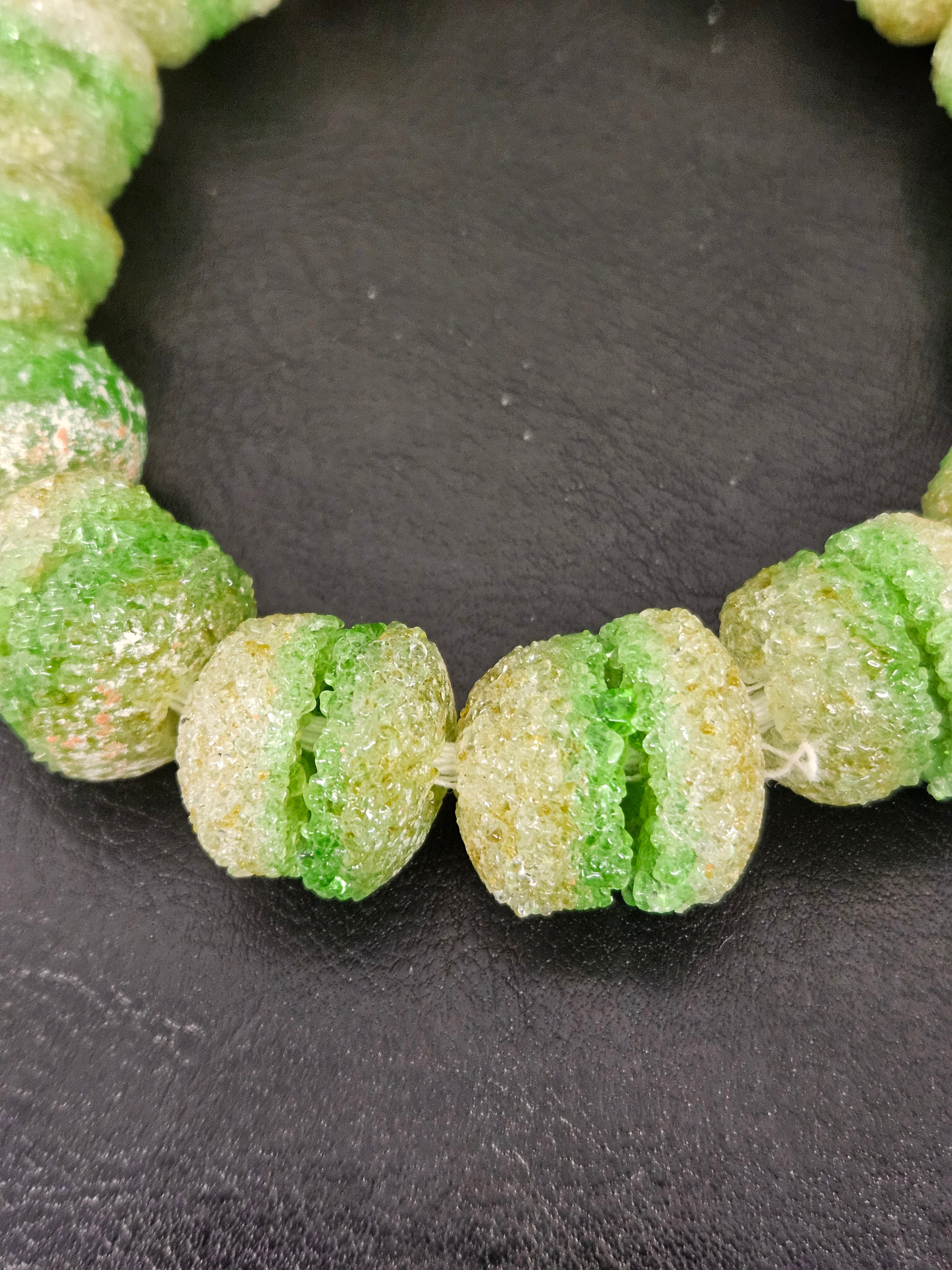 Green & White Krobo Sugar Glass Rondelle Beads | Handcrafted Recycled Glass Beads from Ghana | Approx. 30 Beads Per Strand
