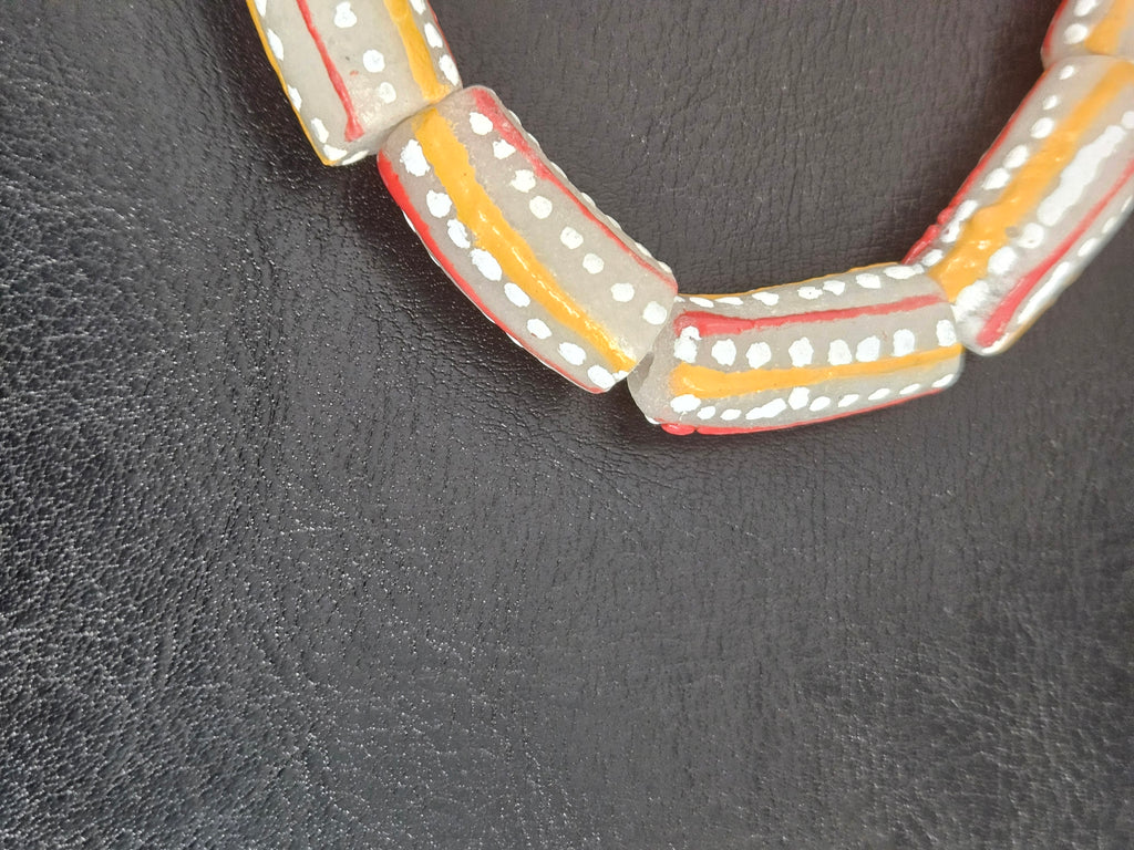 Krobo Painted Glass Tube Beads – Soft Ivory Gray with Golden Yellow & Coral Red Stripes
