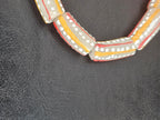 Krobo Painted Glass Tube Beads – Soft Ivory Gray with Golden Yellow & Coral Red Stripes