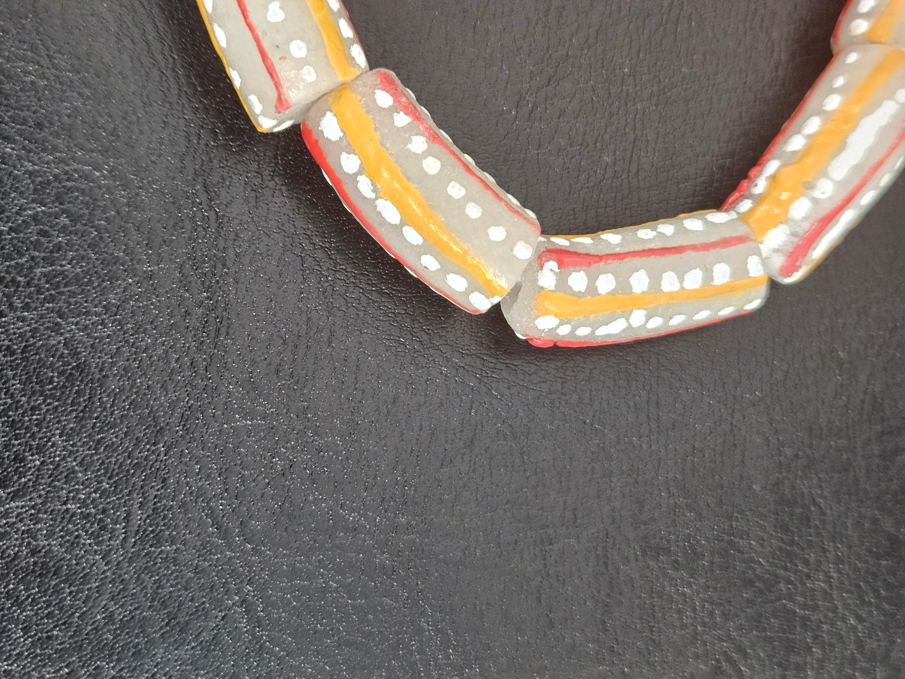 Krobo Painted Glass Tube Beads – Soft Ivory Gray with Golden Yellow & Coral Red Stripes