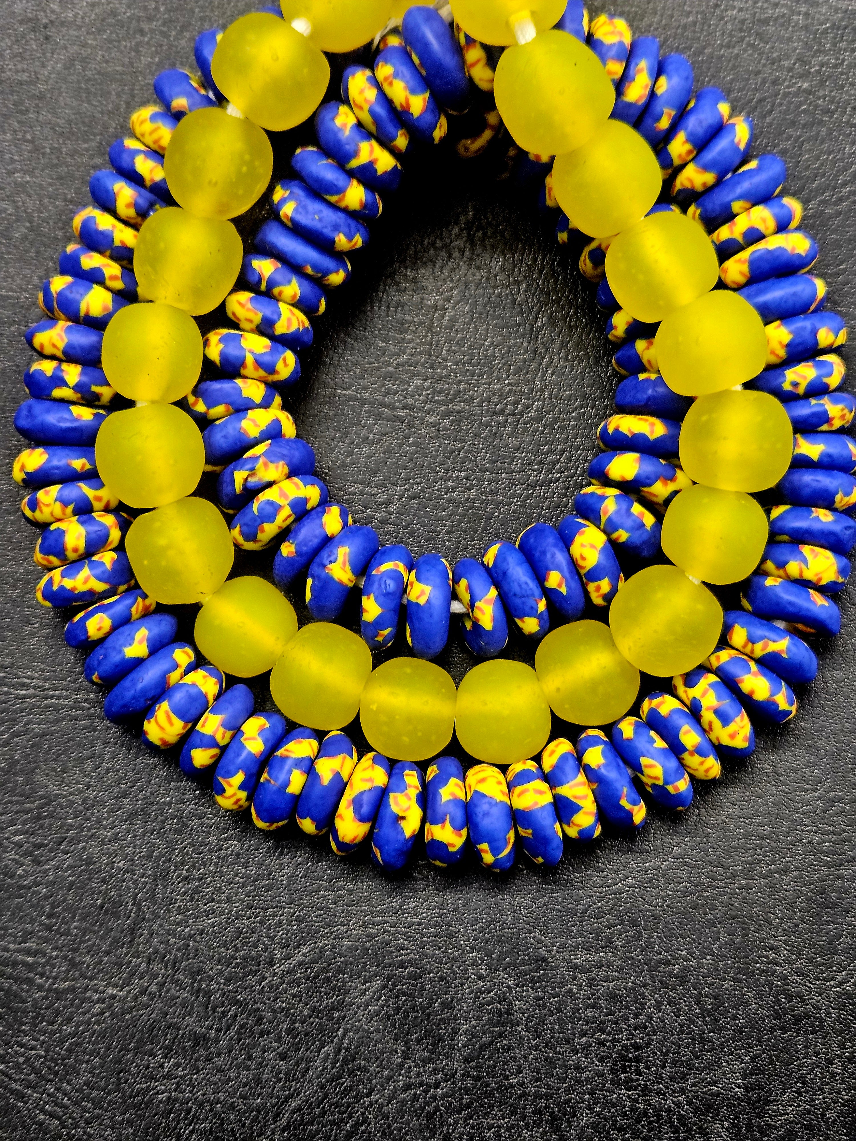 Royal Blue Hand-Painted Krobo Rondelle Glass Beads & Sunshine Yellow Pocket Glass Beads | Handmade in Ghana