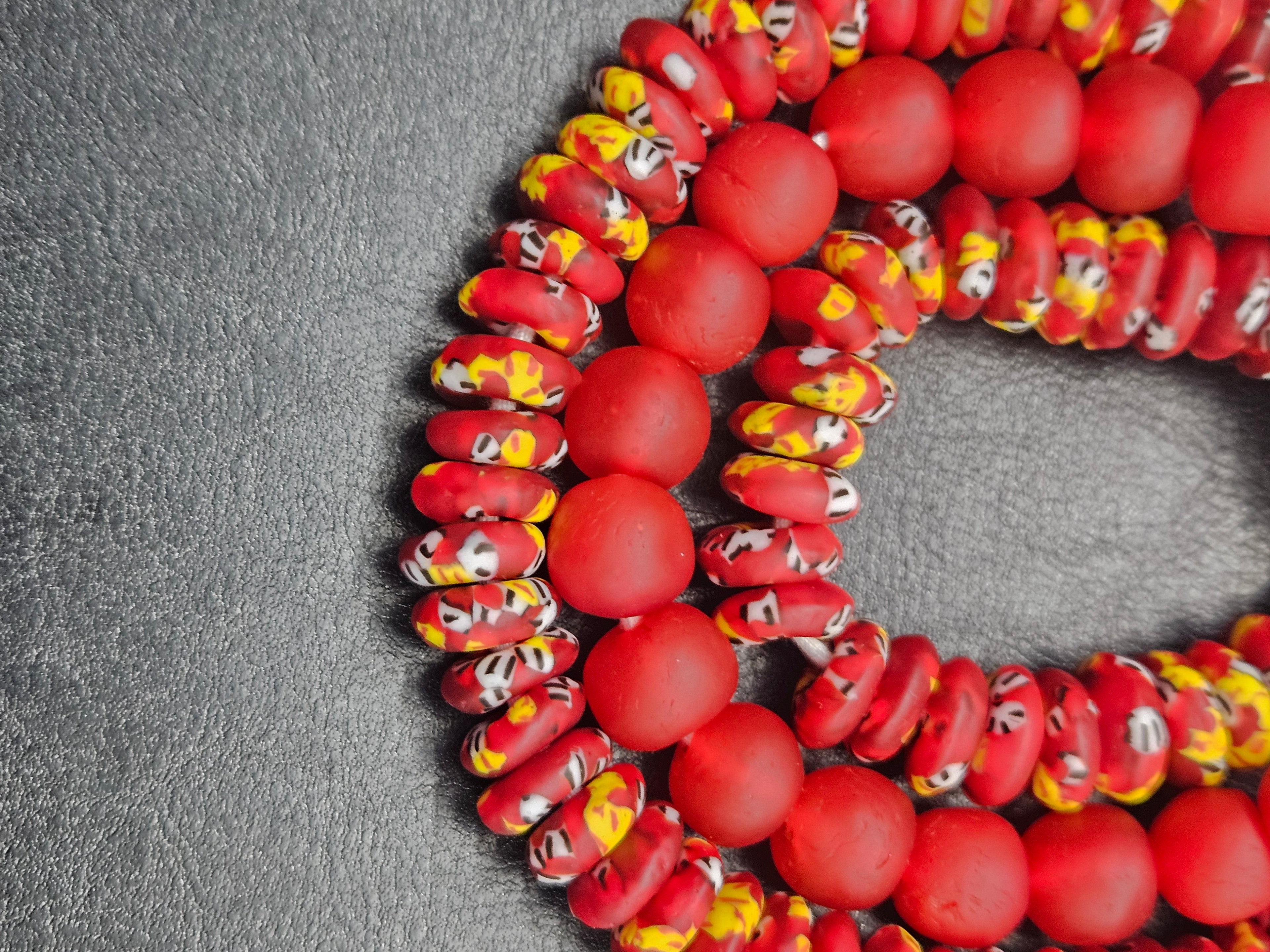 Red African Glass Bead Bundle: Hand-Painted Krobo Rondelle & Round Pocket Glass Beads from Ghana