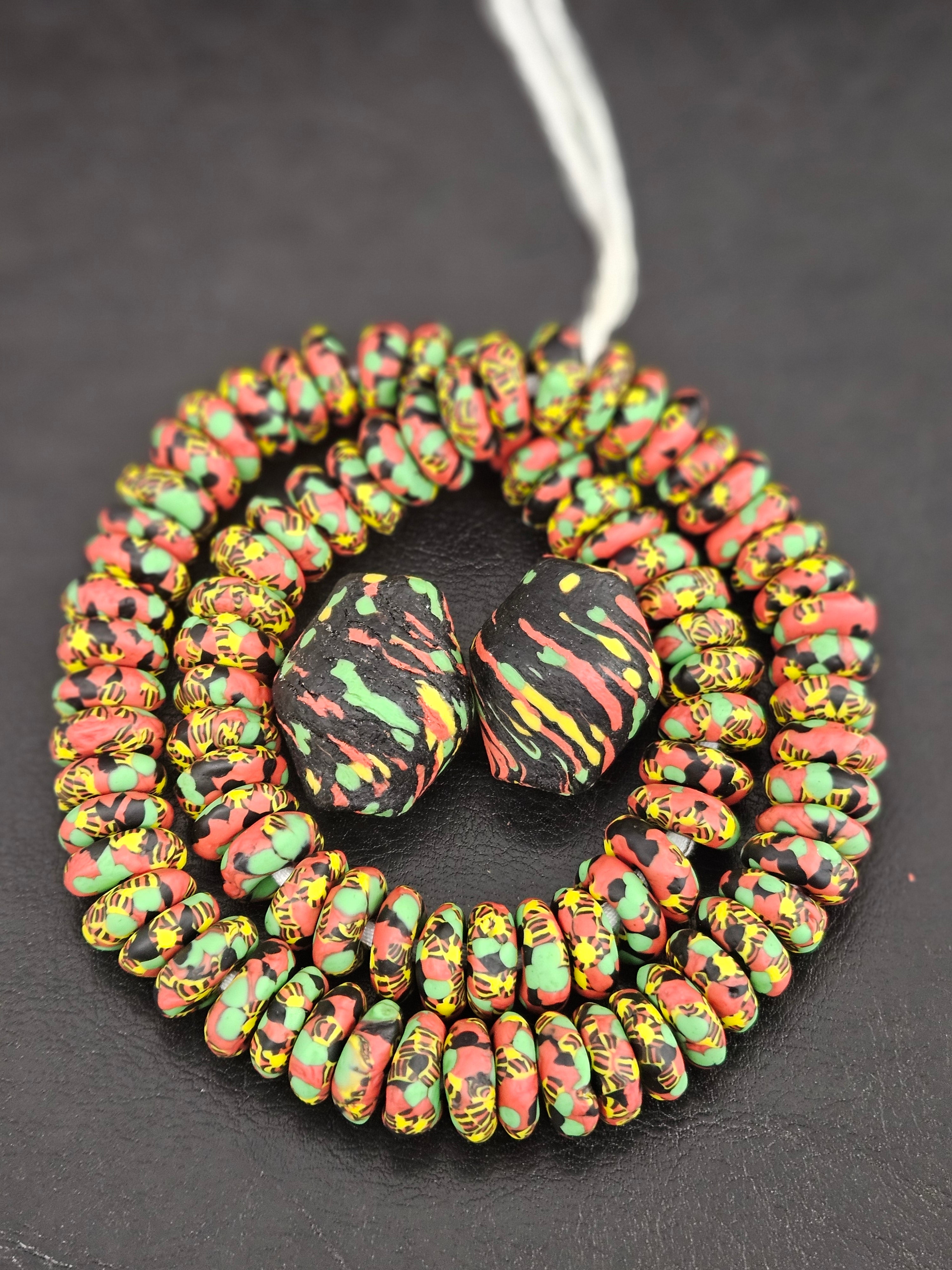 Multicolor African Glass Beads Bundle – Krobo Rondelles + Bicone Focals