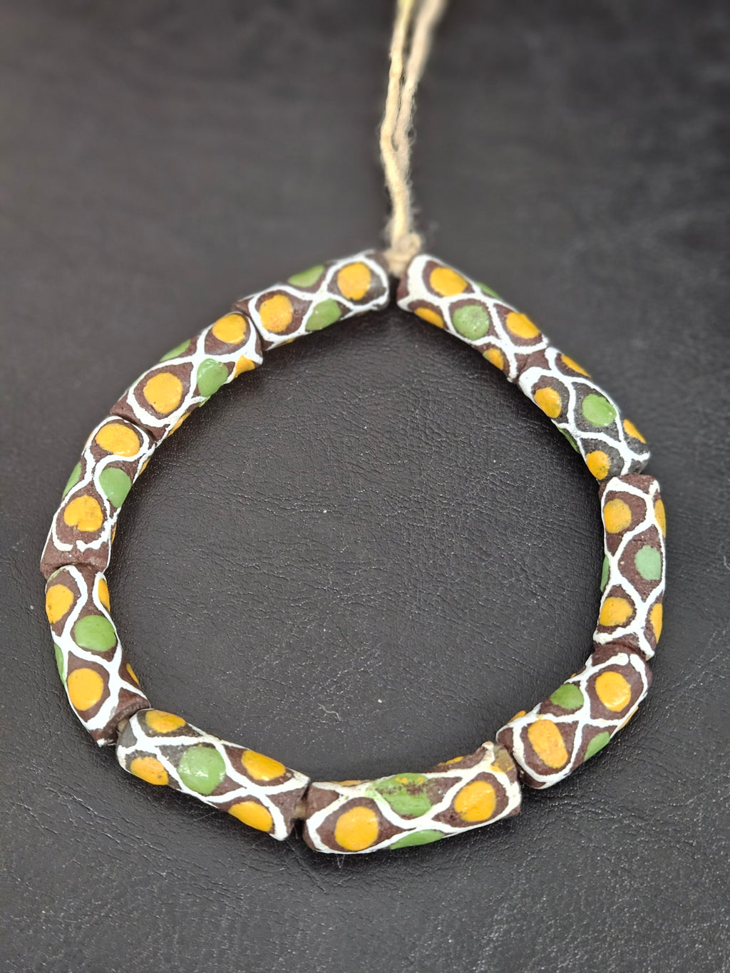 Chocolate Brown Krobo Painted Glass Tube Beads with Golden Yellow & Leaf Green Mosaic Motifs | Handcrafted Recycled Glass from Ghana