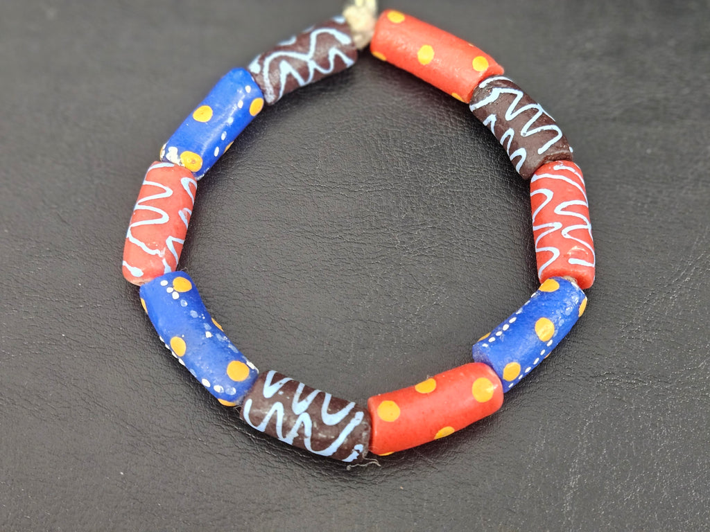 Multicolor Krobo Painted Glass Tube Beads with Hand-Painted Geometric & Wave Motifs | Handcrafted Recycled Glass from Ghana