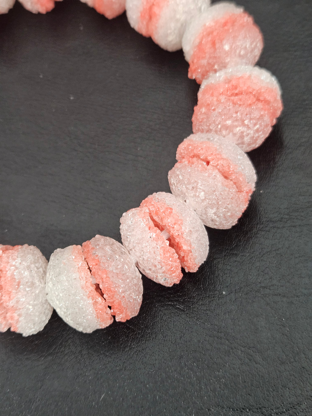 Coral & White Krobo Sugar Glass Rondelle Beads | Handcrafted Recycled Glass Beads from Ghana | Approx. 30 Beads Per Strand