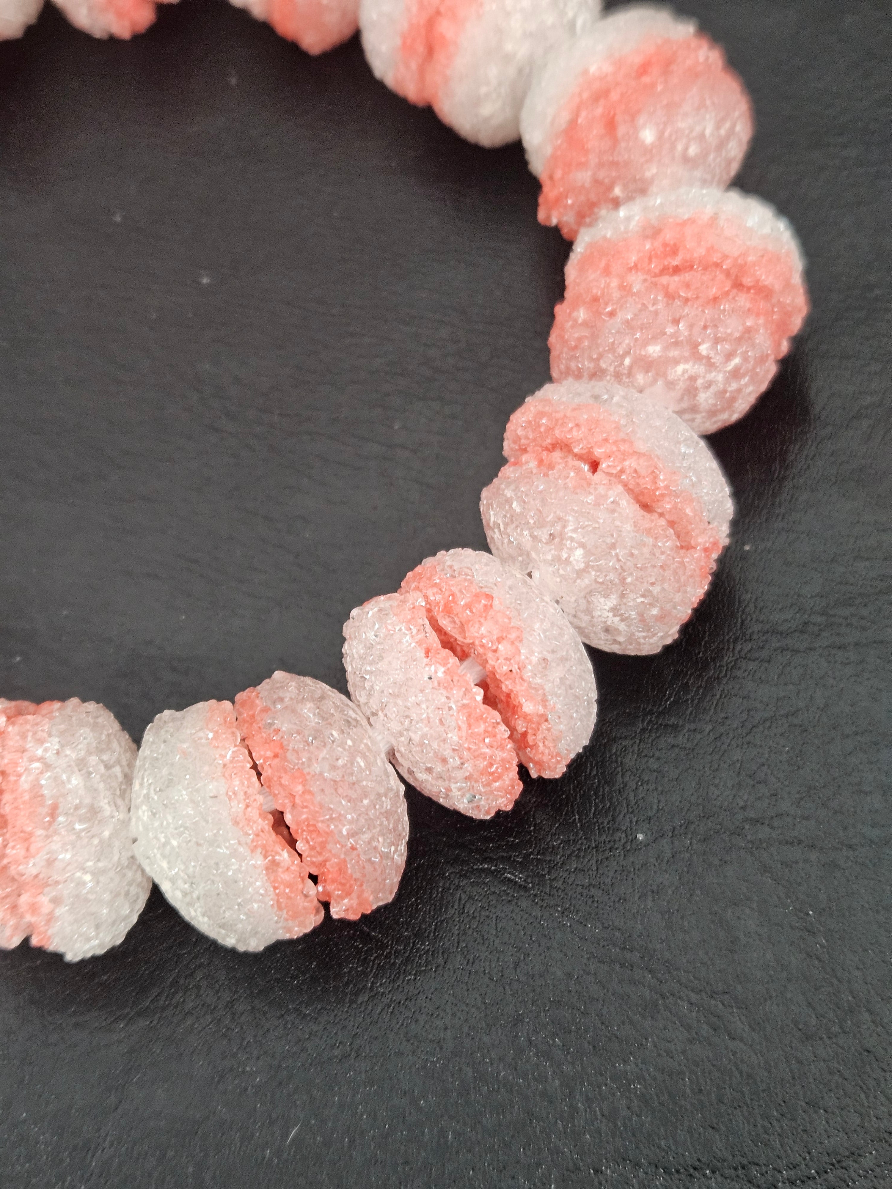 Coral & White Krobo Sugar Glass Rondelle Beads | Handcrafted Recycled Glass Beads from Ghana | Approx. 30 Beads Per Strand