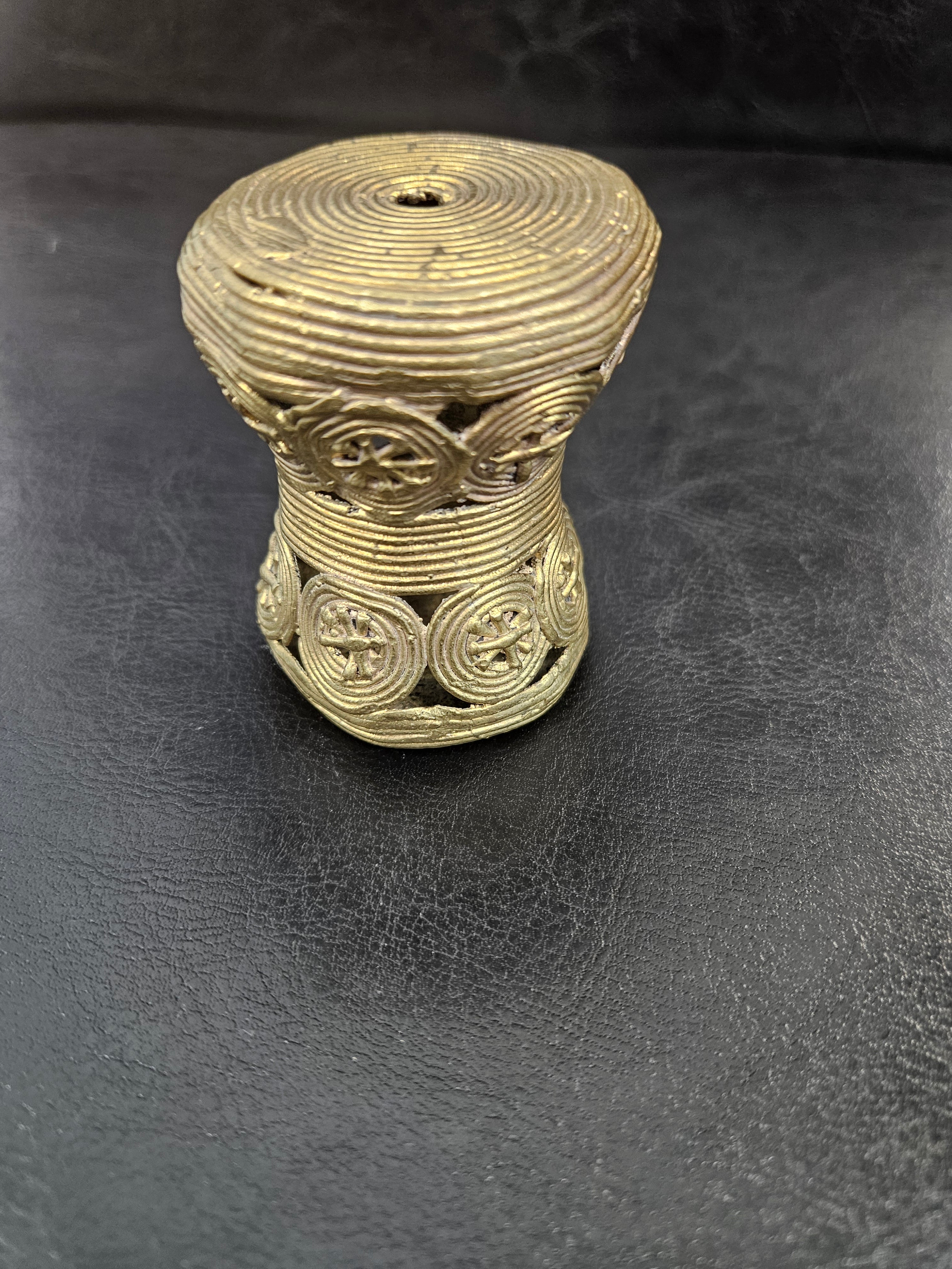 Oversized Ashanti Brass Talking Drum Pendant — Circular Openwork Design