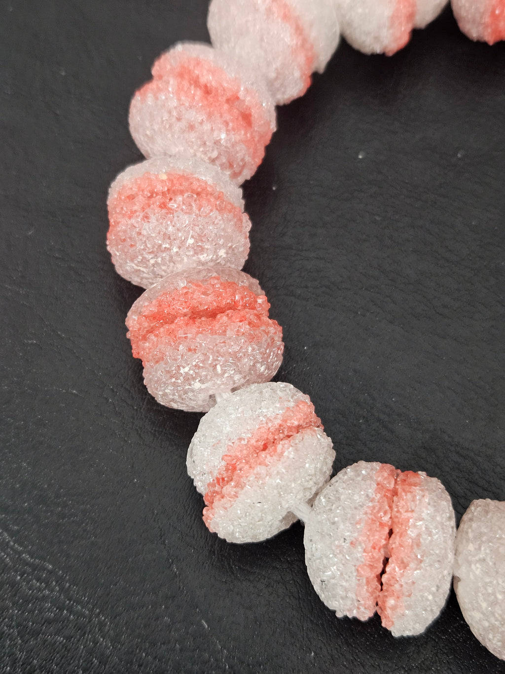 Coral & White Krobo Sugar Glass Rondelle Beads | Handcrafted Recycled Glass Beads from Ghana | Approx. 30 Beads Per Strand