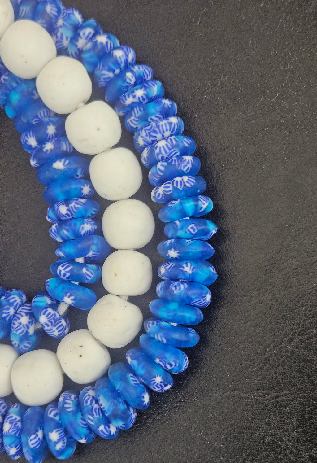 Blue & White African Glass Bead Bundle: Hand-Painted Krobo Rondelle and White Pocket Beads from Ghana