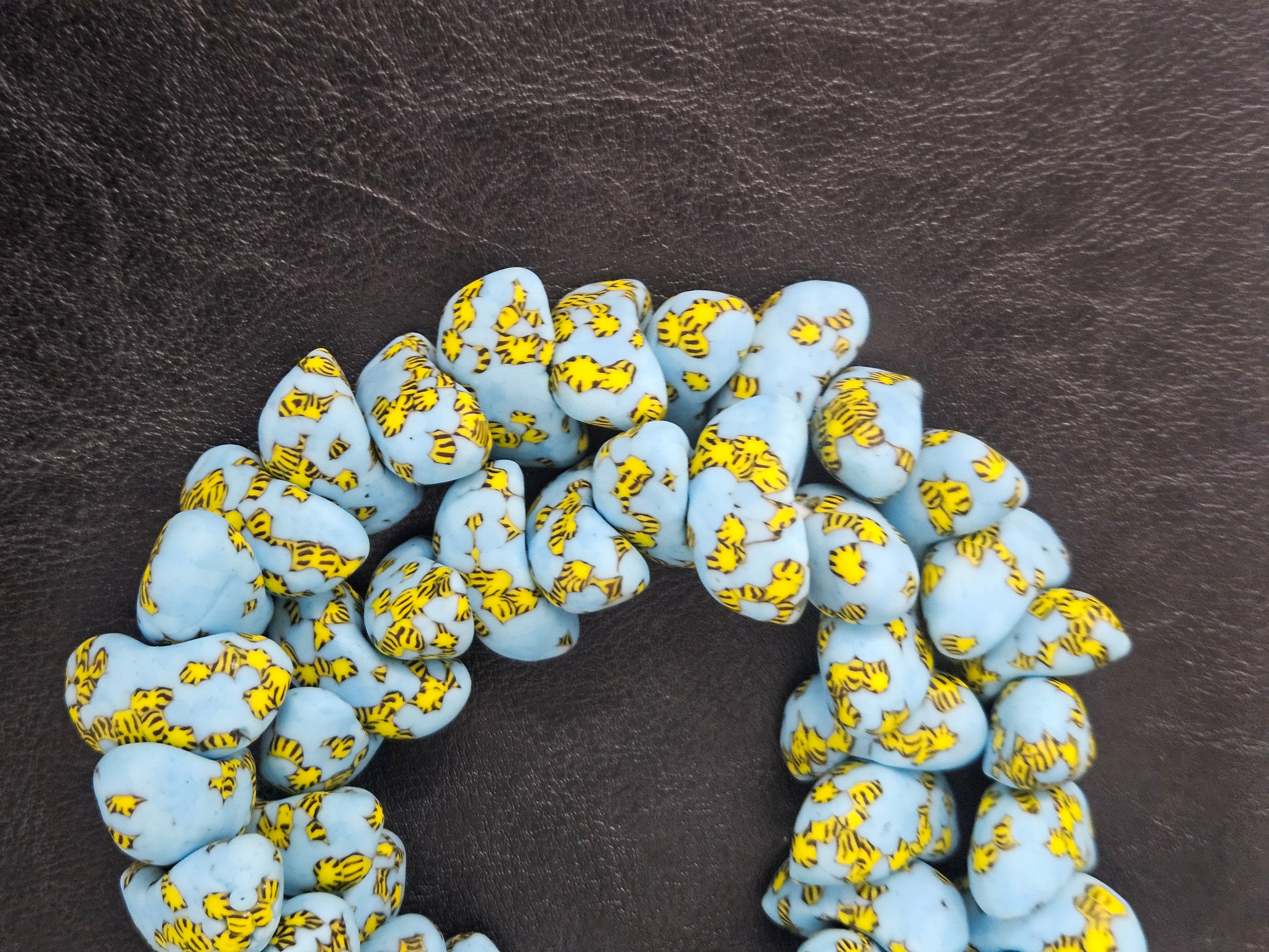 XL Sky Blue, Black & Golden Yellow Canoe-Shaped Krobo Powdered Glass Beads | Handmade Recycled Glass Beads from Ghana | Large Hole African Designer Beads