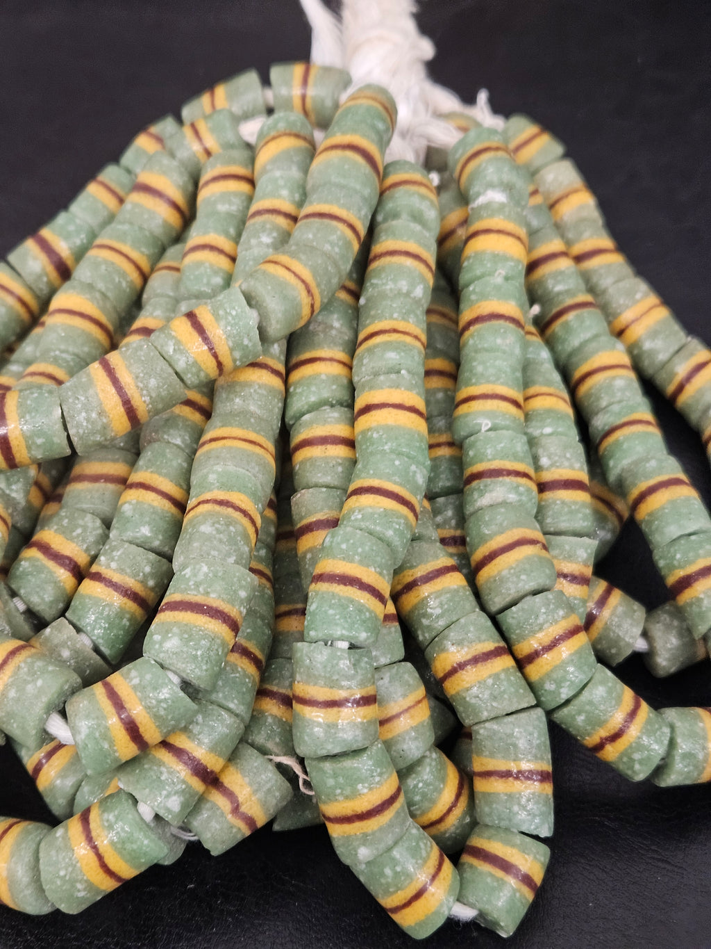 Green Striped Krobo Kente Glass Beads | Handcrafted Powdered Glass Beads from Ghana | Approx. 17 Beads