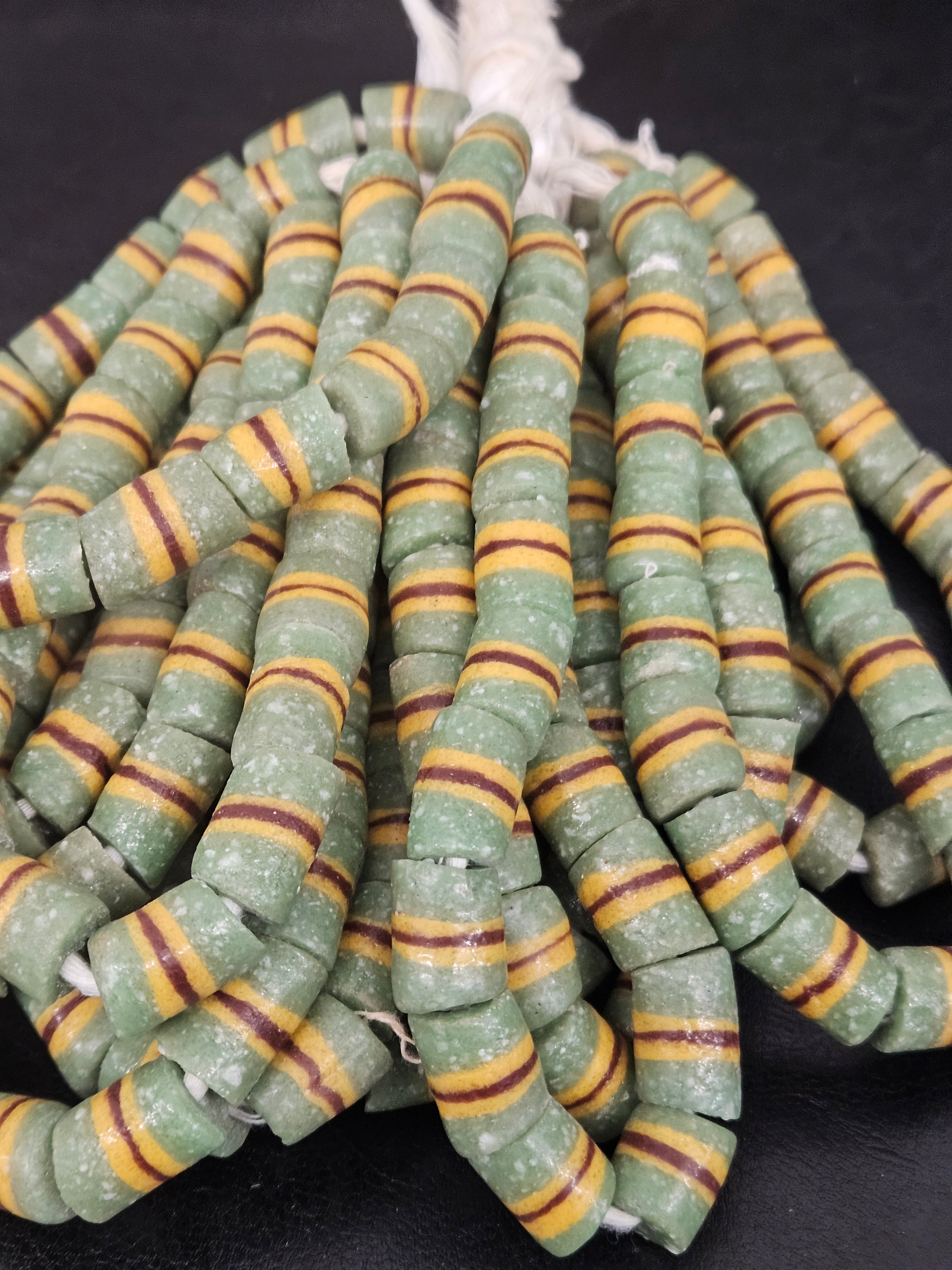 Green Striped Krobo Kente Glass Beads | Handcrafted Powdered Glass Beads from Ghana | Approx. 17 Beads