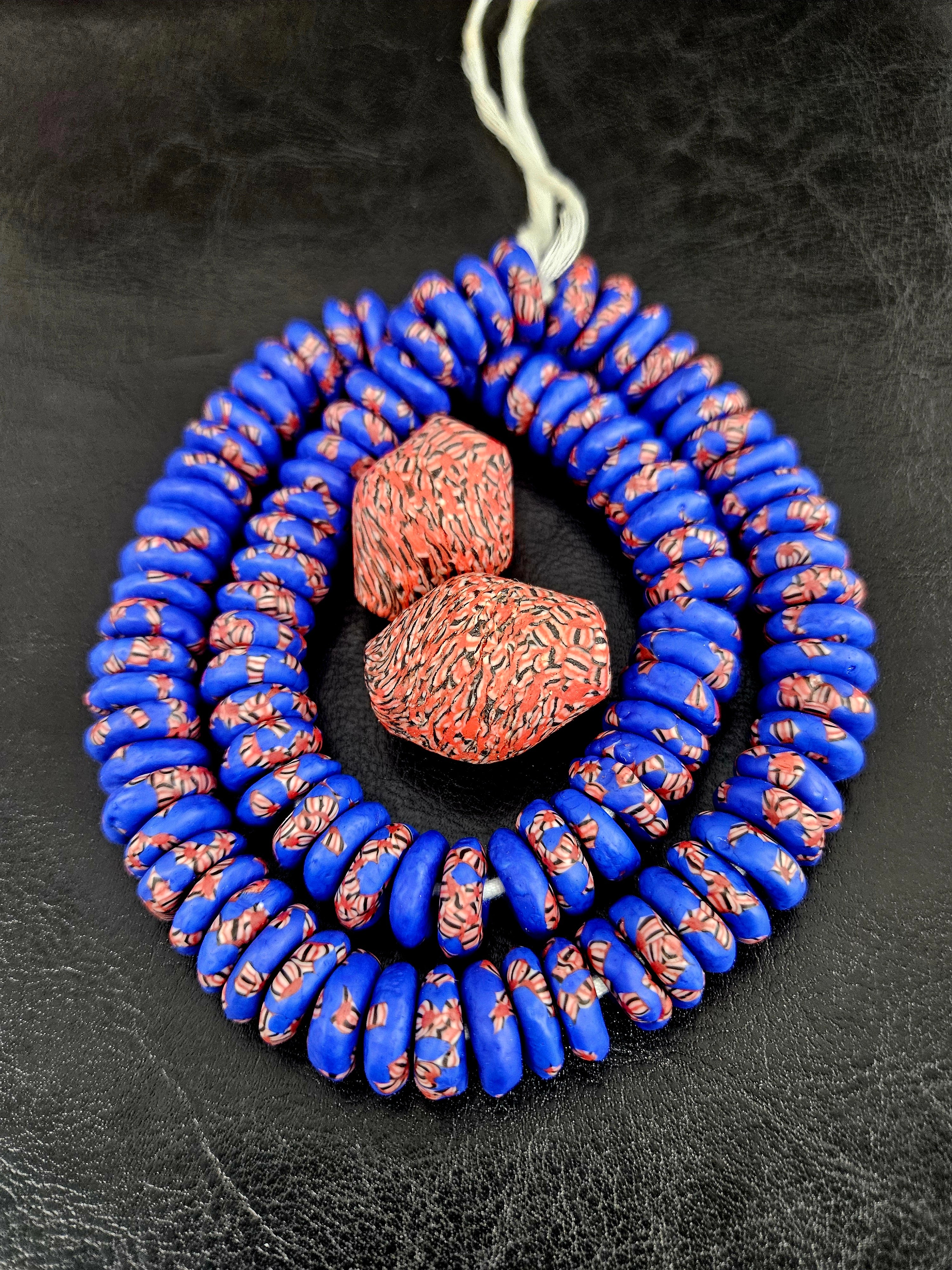 African Glass Bead Bundle – Cobalt Krobo Fused Rondelles + 2 Focal Beads