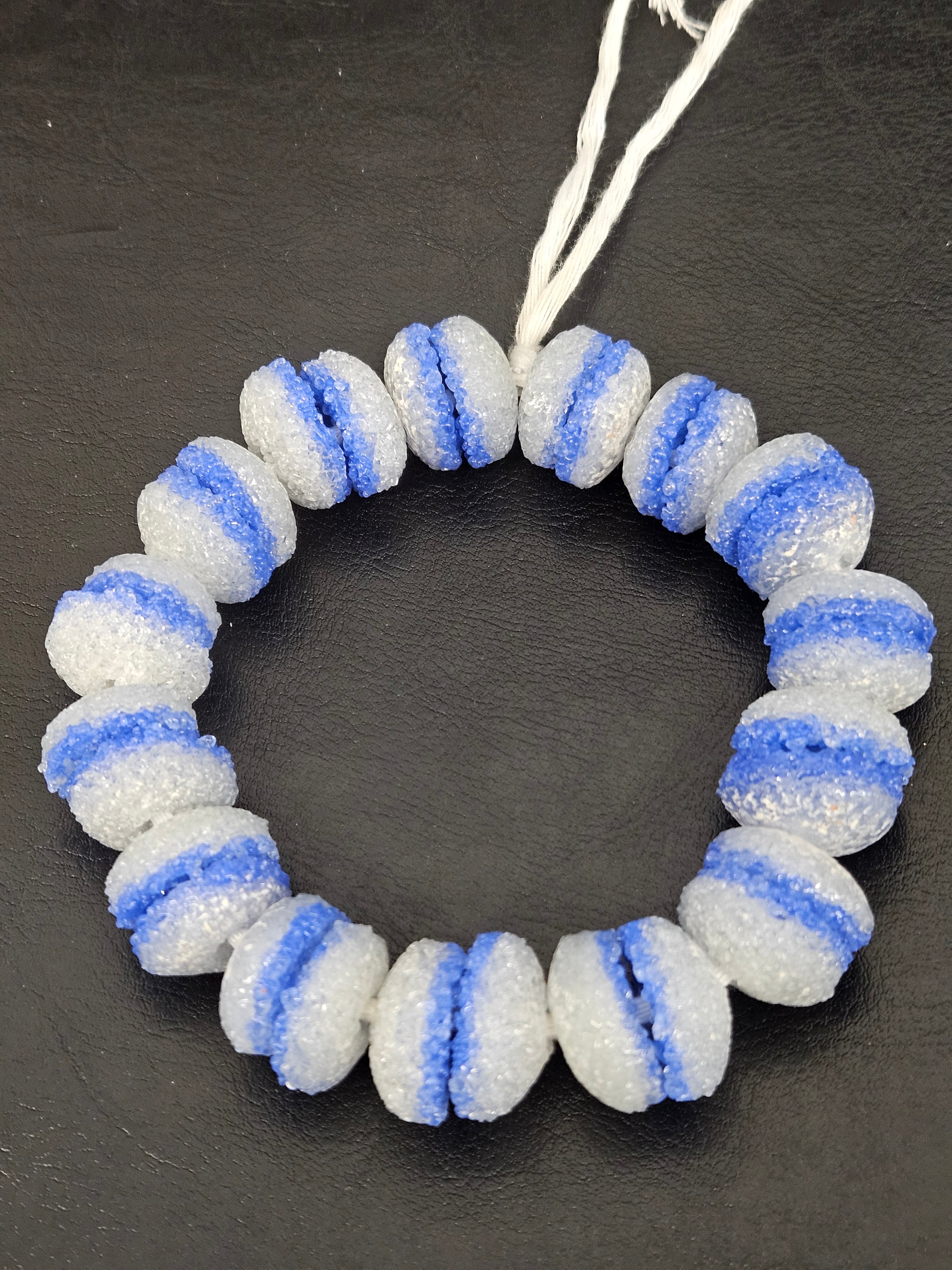 Blue & White Krobo Sugar Glass Rondelle Beads | Handcrafted Recycled Glass Beads from Ghana | Approx. 30 Beads Per Strand