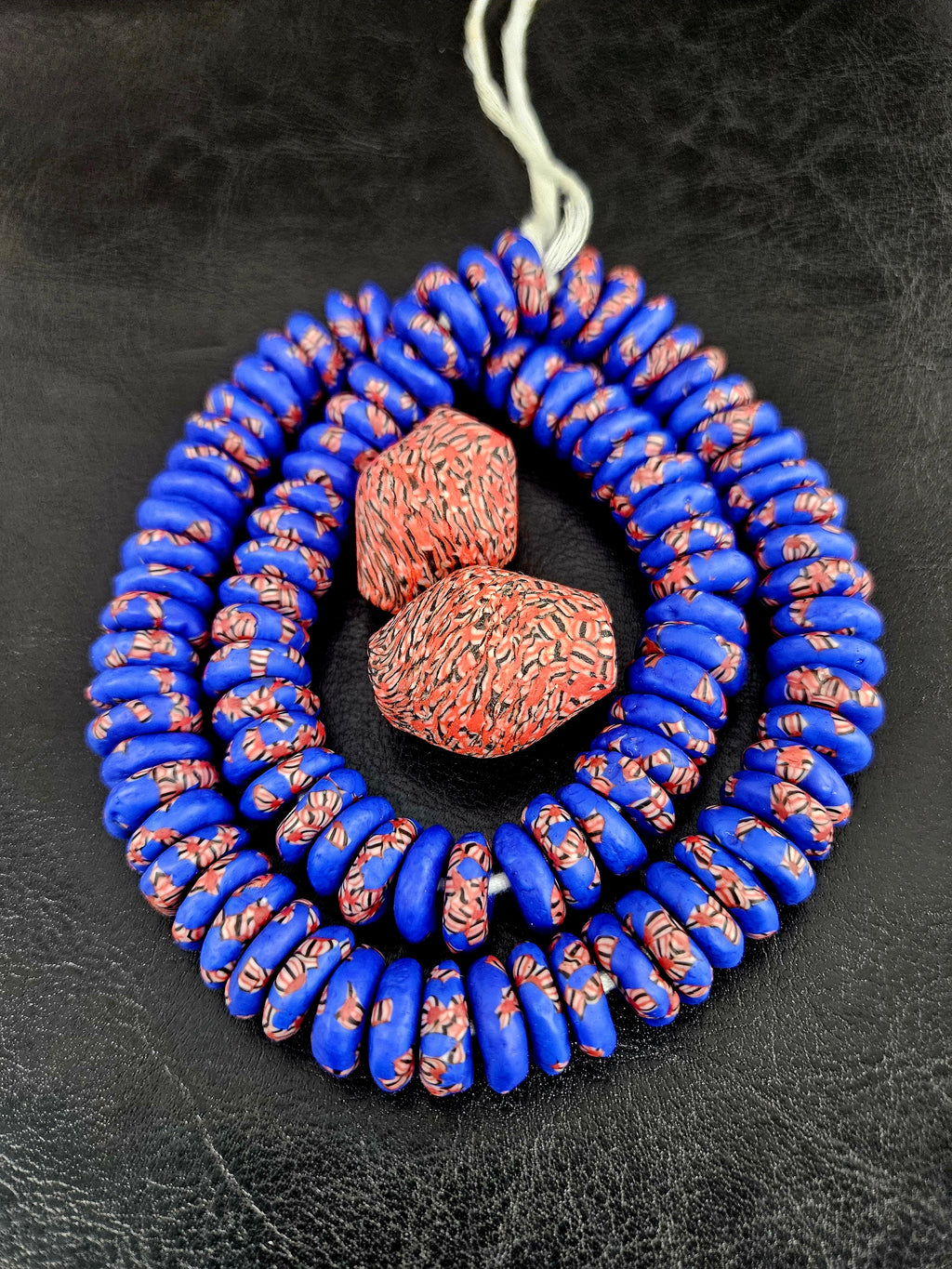 African Glass Bead Bundle – Cobalt Krobo Fused Rondelles + 2 Focal Beads
