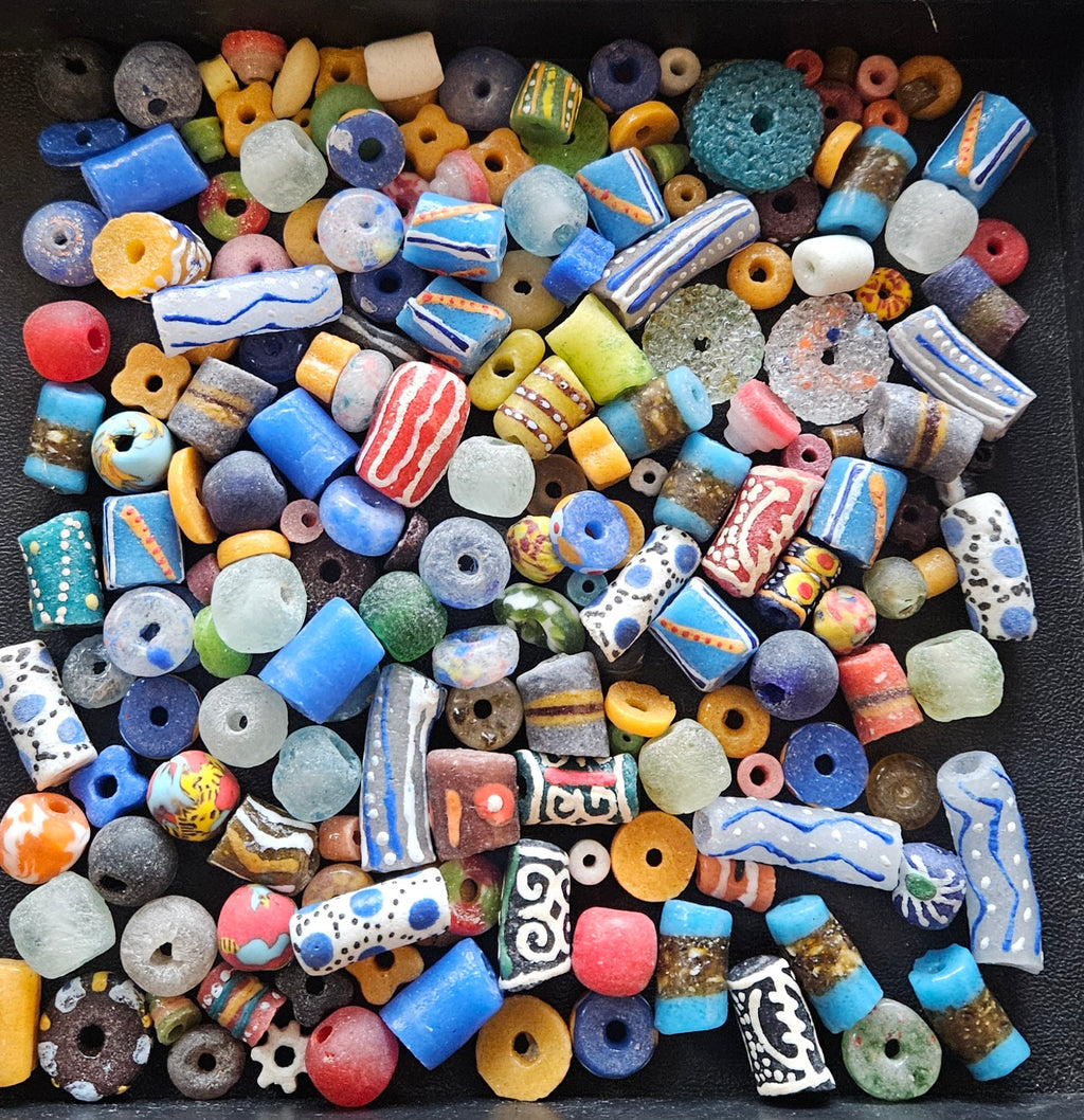 African Krobo Recycled Glass Beads Mix (Indigo + Sky Blue) — 1 Cup, 160+ Handmade Ghana Beads, 1lb | ABM252