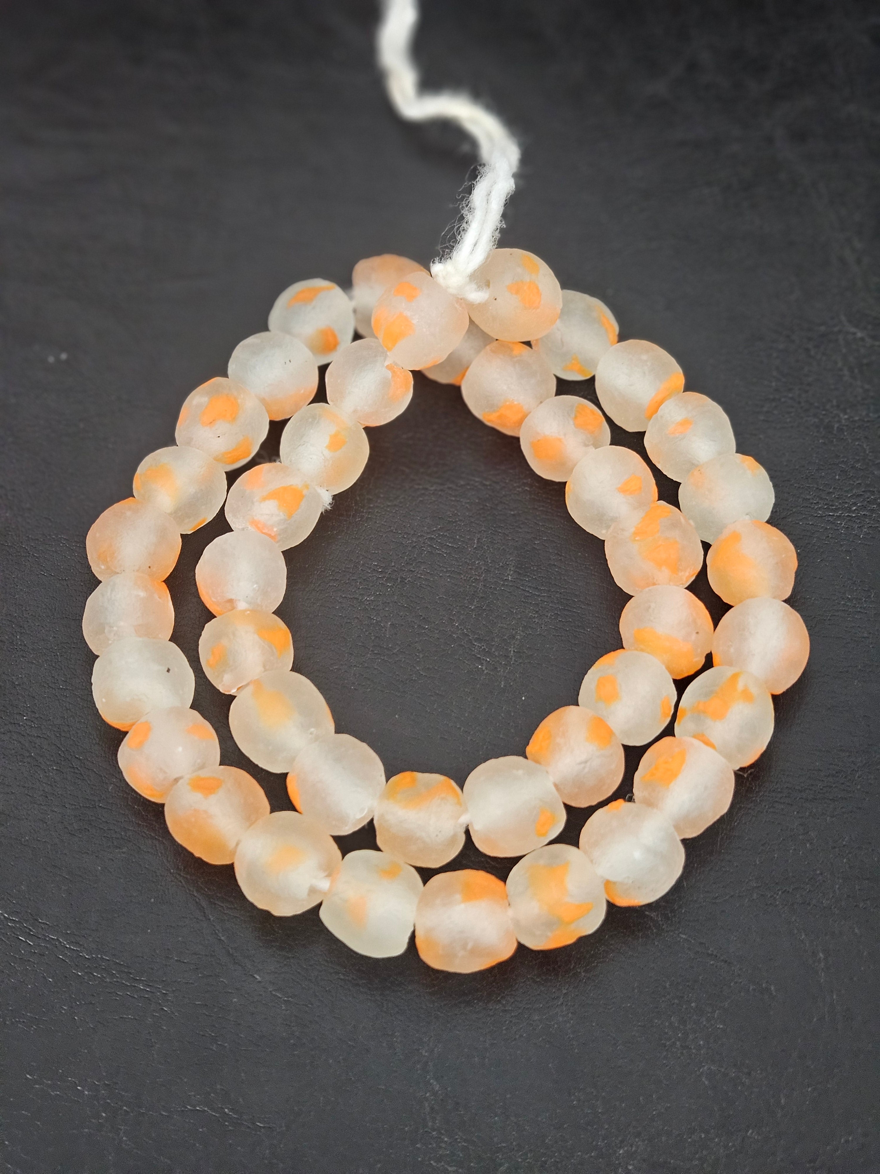 Authentic African Beads from Ghana | Orange Speckled Translucent Krobo Recycled Glass Beads | Handmade 12–14mm