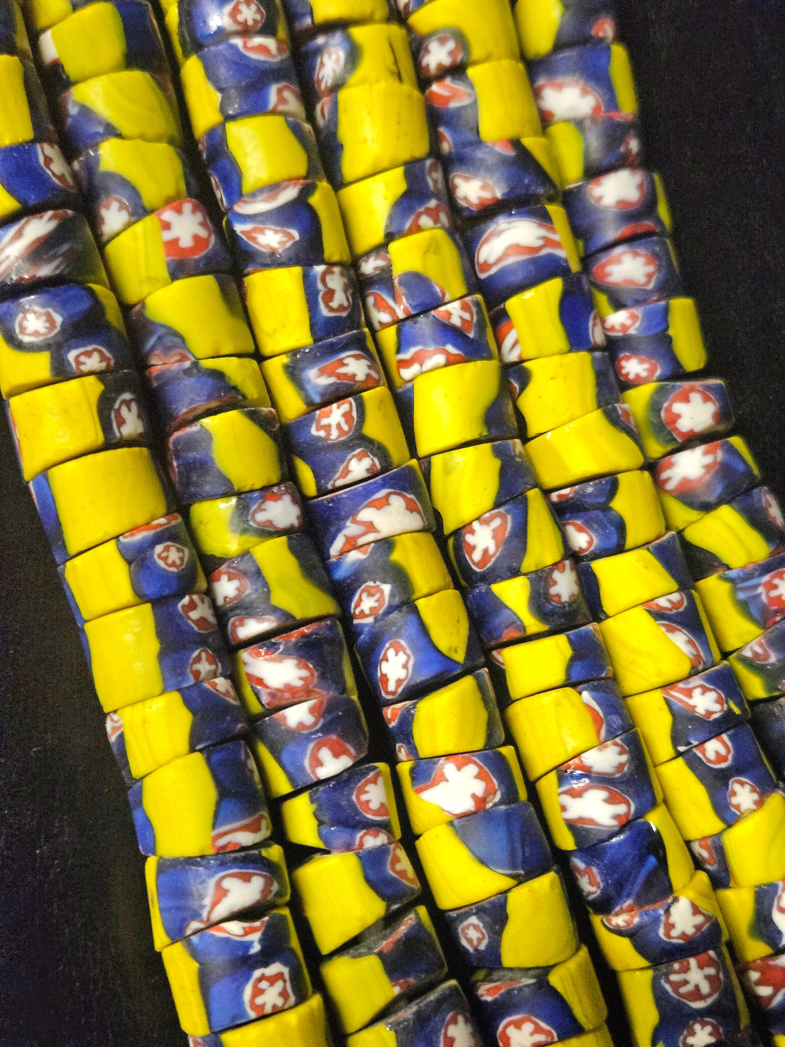 Designer Patterned Trade Beads – Yellow, Blue & Red Motif Strand