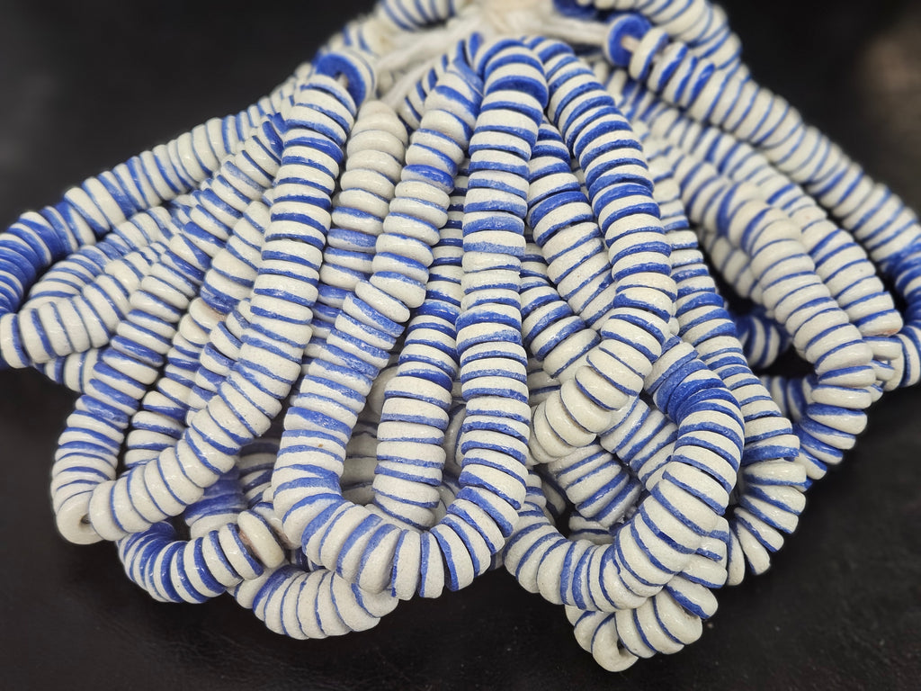 Handmade Cobalt Blue & Ivory Krobo Glass Spacer Beads | African Recycled Glass Beads | Ghana Jewelry Making Supplies