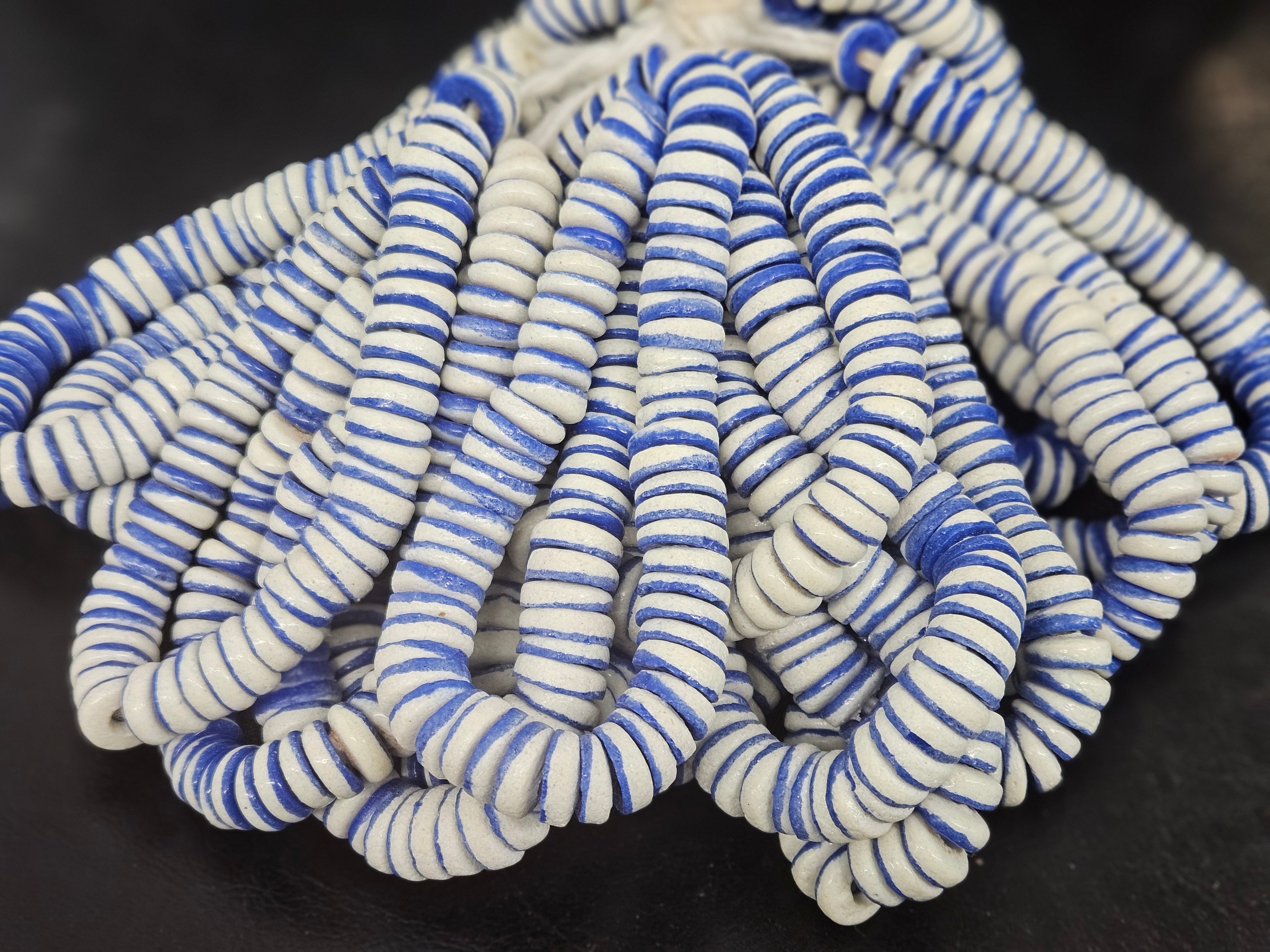 Handmade Cobalt Blue & Ivory Krobo Glass Spacer Beads | African Recycled Glass Beads | Ghana Jewelry Making Supplies