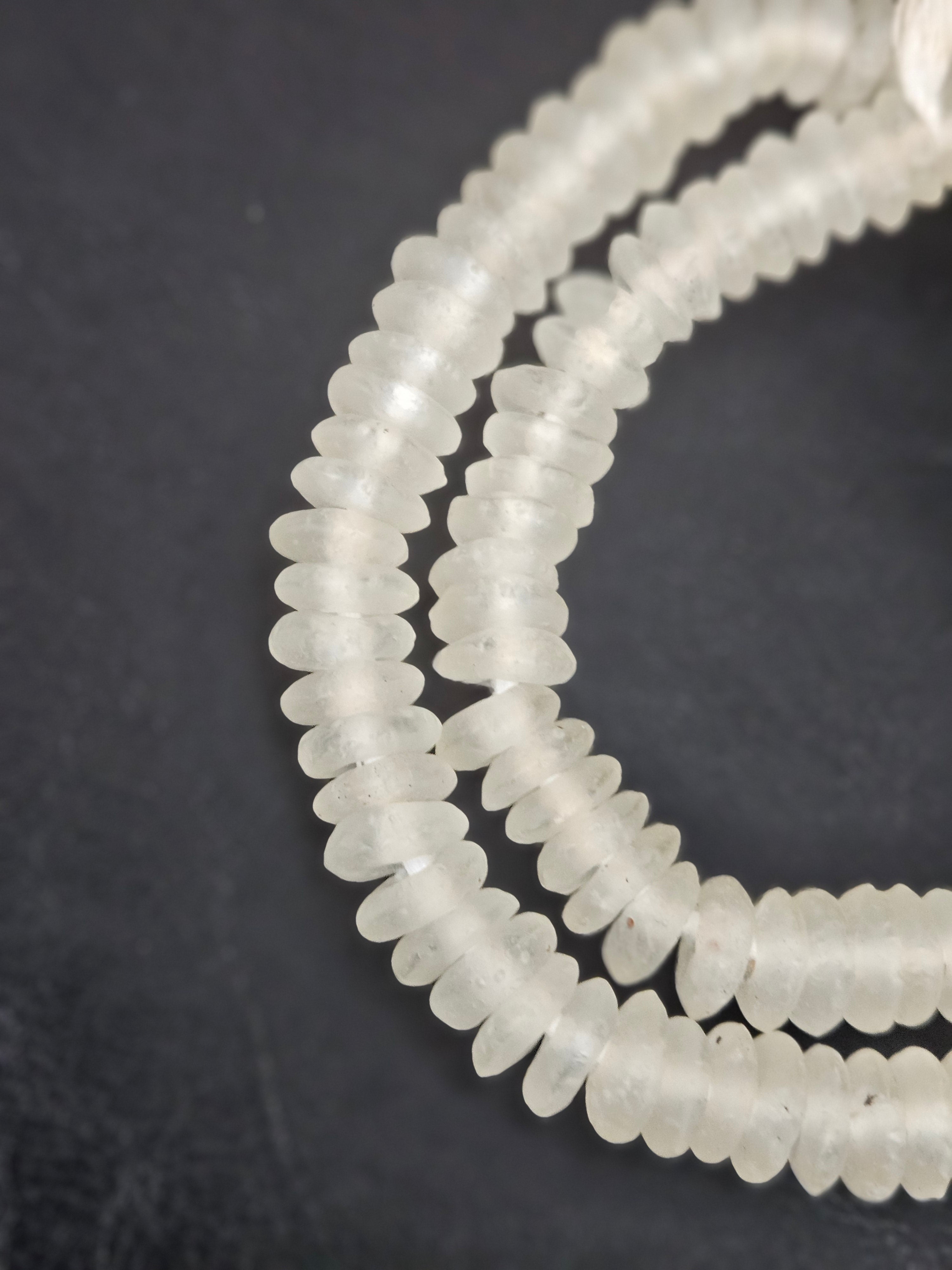 Crystal White Krobo Translucent Recycled Glass Rondelle Beads | Sustainable Handmade Designer Beads
