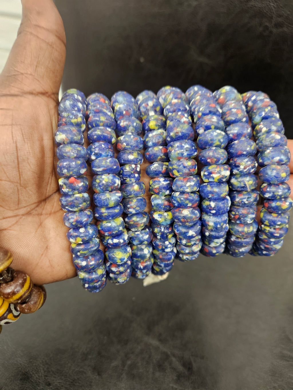 Krobo Powdered Glass Beads – Blue Speckled African Recycled Glass Short Tube Beads (32–33 Beads, 7–9×13–14mm) | Aadampo African Beads