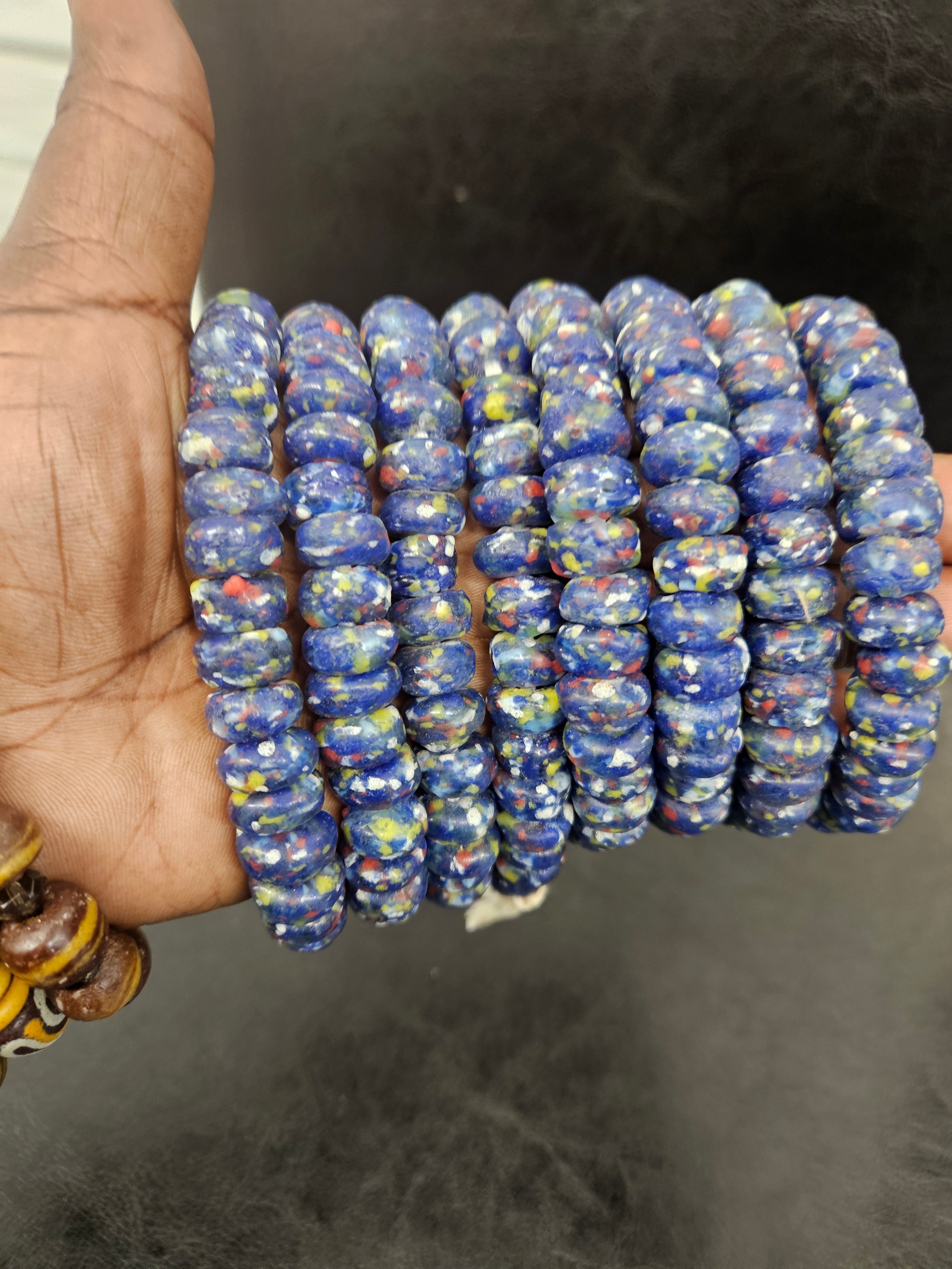 Krobo Powdered Glass Beads – Blue Speckled African Recycled Glass Short Tube Beads (32–33 Beads, 7–9×13–14mm) | Aadampo African Beads