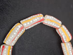 Krobo Painted Glass Tube Beads – Soft Ivory Gray with Golden Yellow & Coral Red Stripes