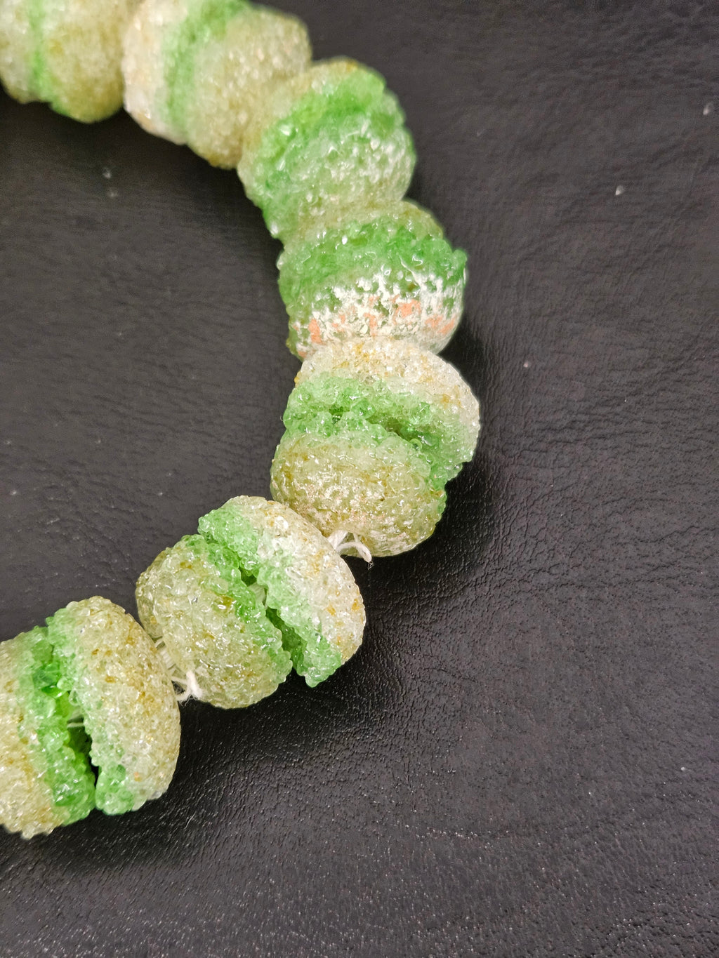 Green & White Krobo Sugar Glass Rondelle Beads | Handcrafted Recycled Glass Beads from Ghana | Approx. 30 Beads Per Strand