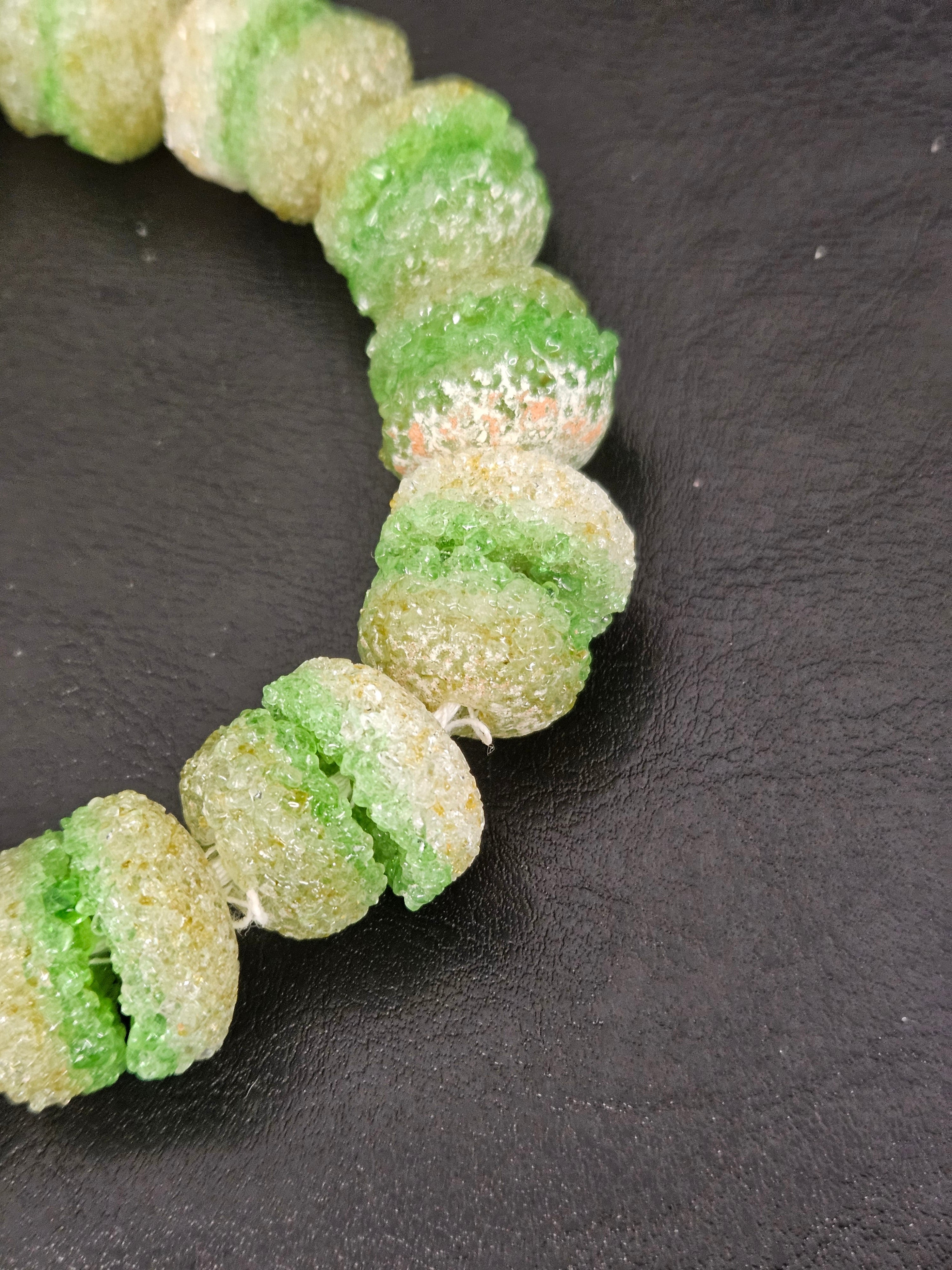 Green & White Krobo Sugar Glass Rondelle Beads | Handcrafted Recycled Glass Beads from Ghana | Approx. 30 Beads Per Strand