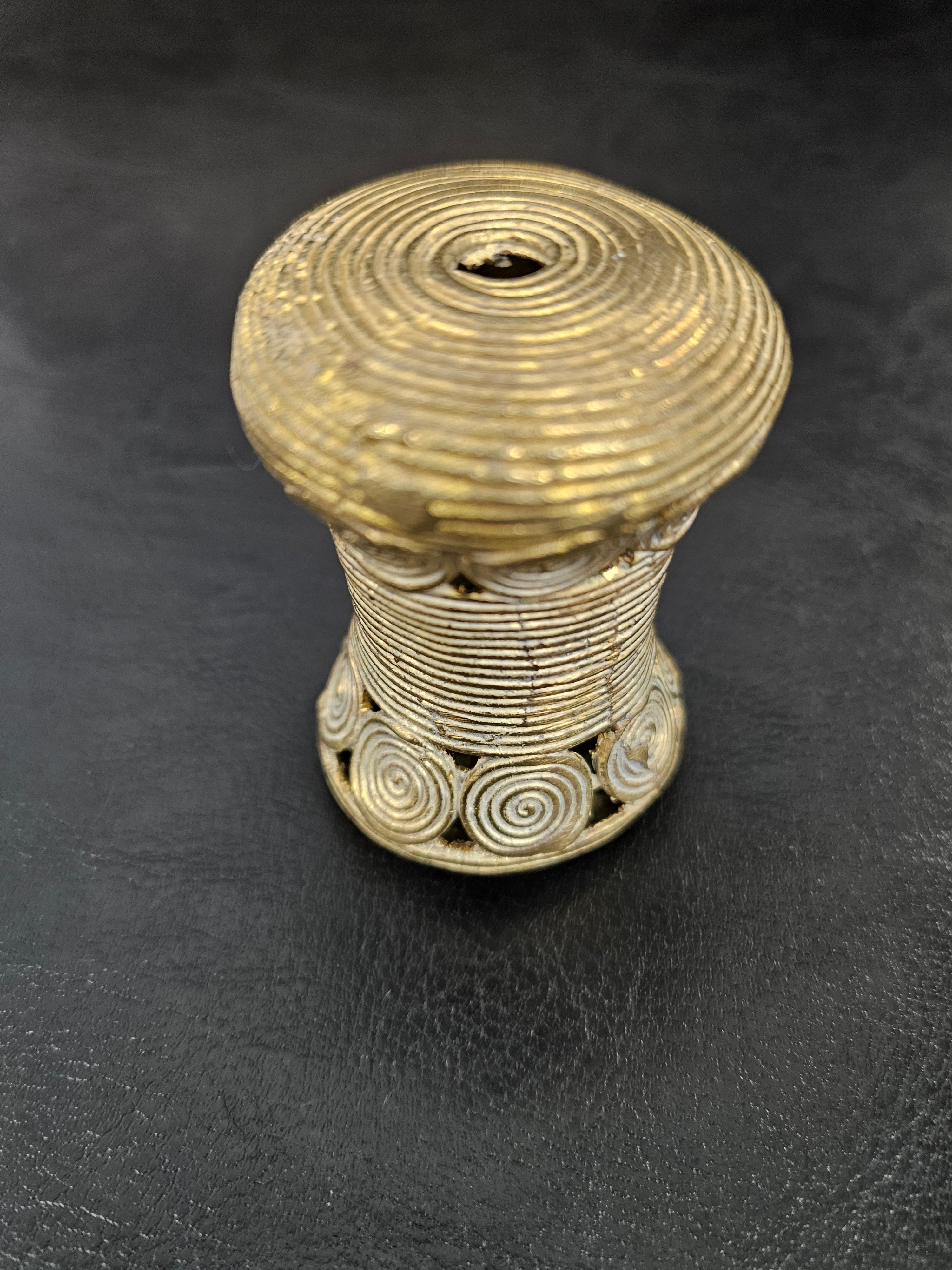 Oversized Ashanti Brass Talking Drum Bead — Spiral Medallion Openwork