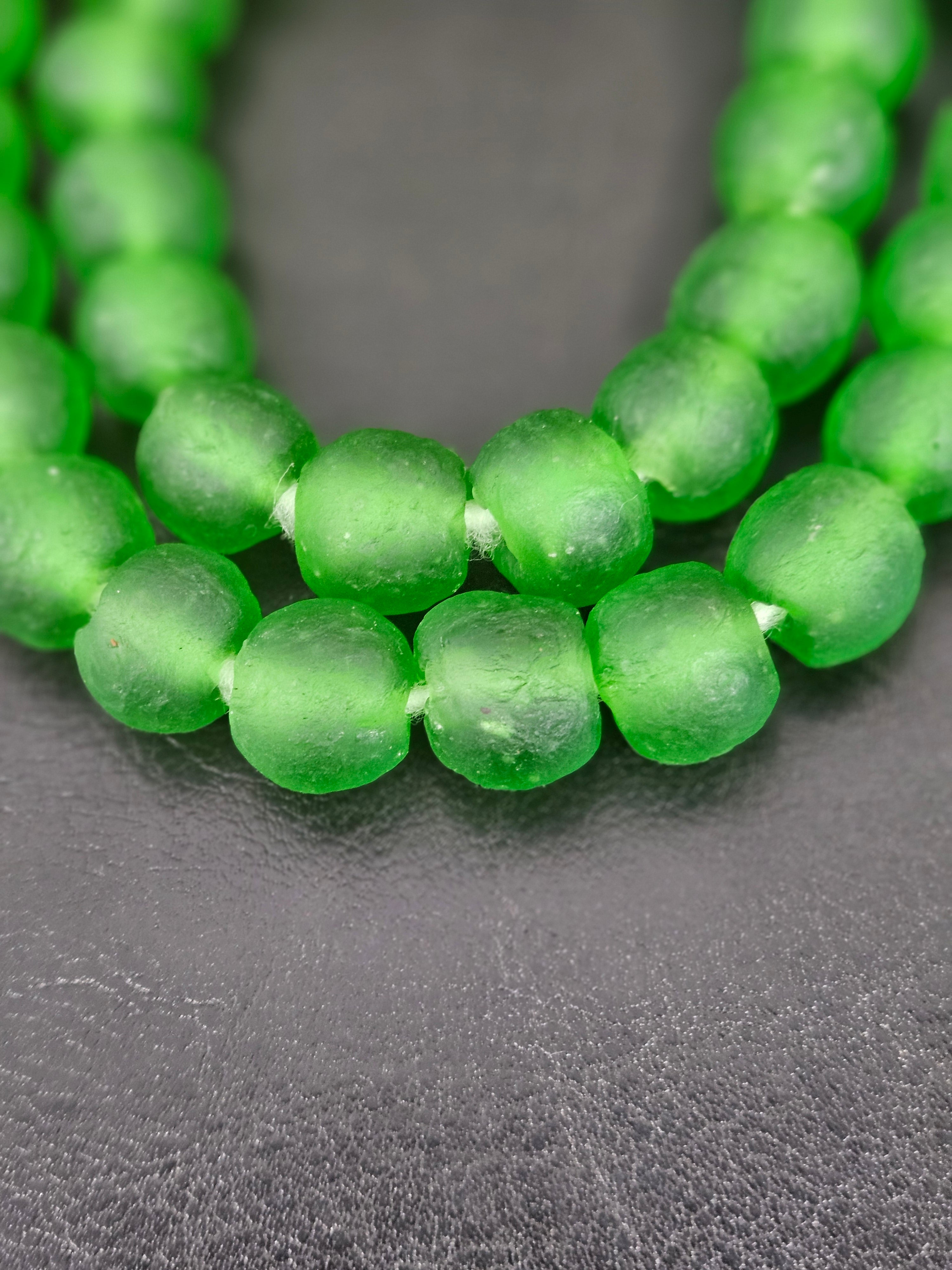 Authentic African Green Krobo Recycled Glass Beads | Handmade Translucent Ghana Beads 12–14mm