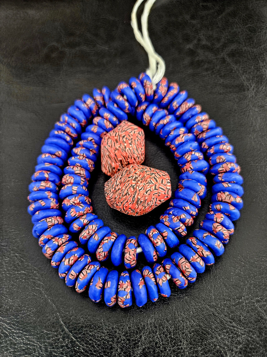 African Glass Bead Bundle – Cobalt Krobo Fused Rondelles + 2 Focal Beads