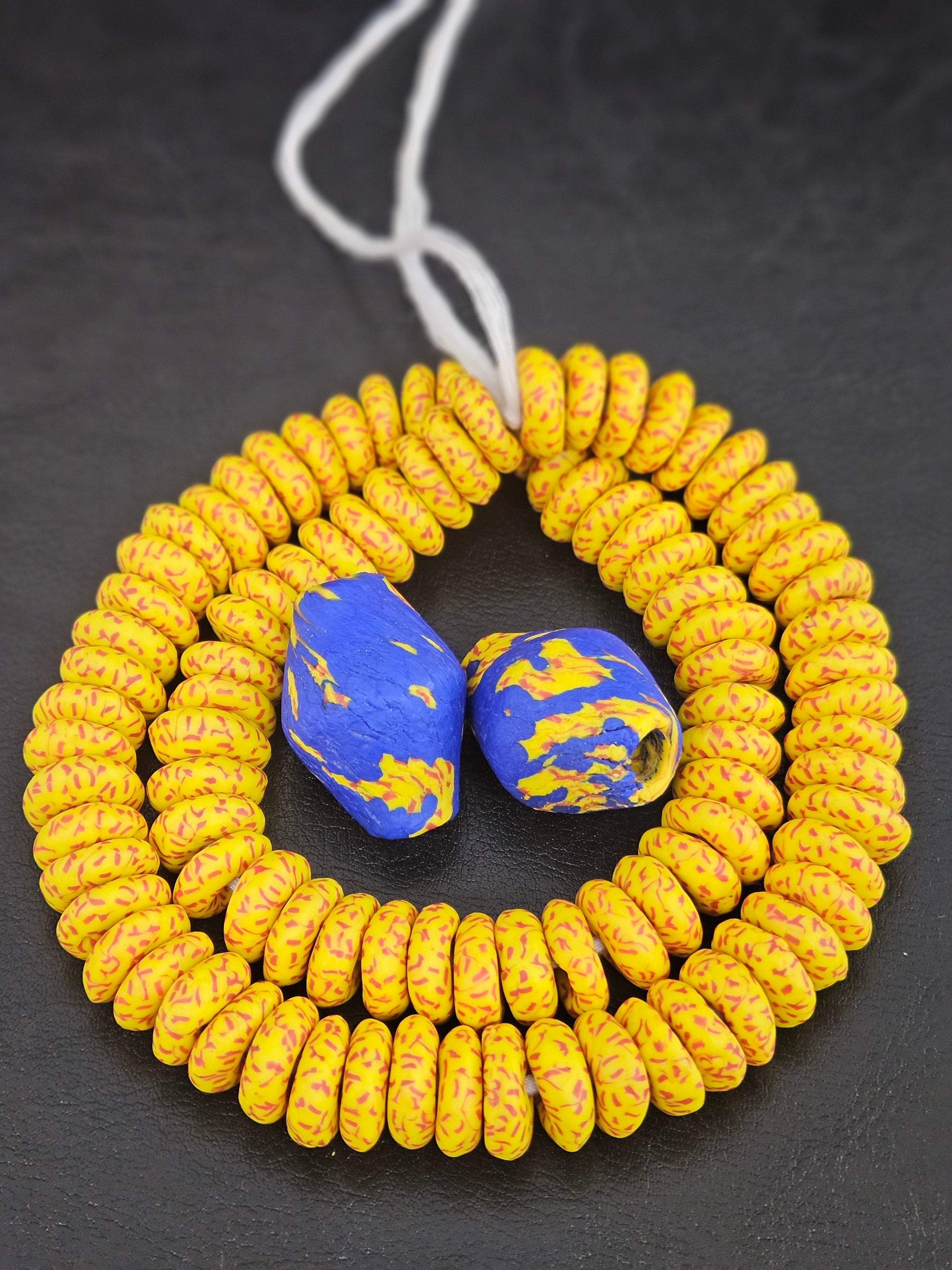 Yellow African Beads Bundle – Krobo Glass Rondelles + Bicone Focals