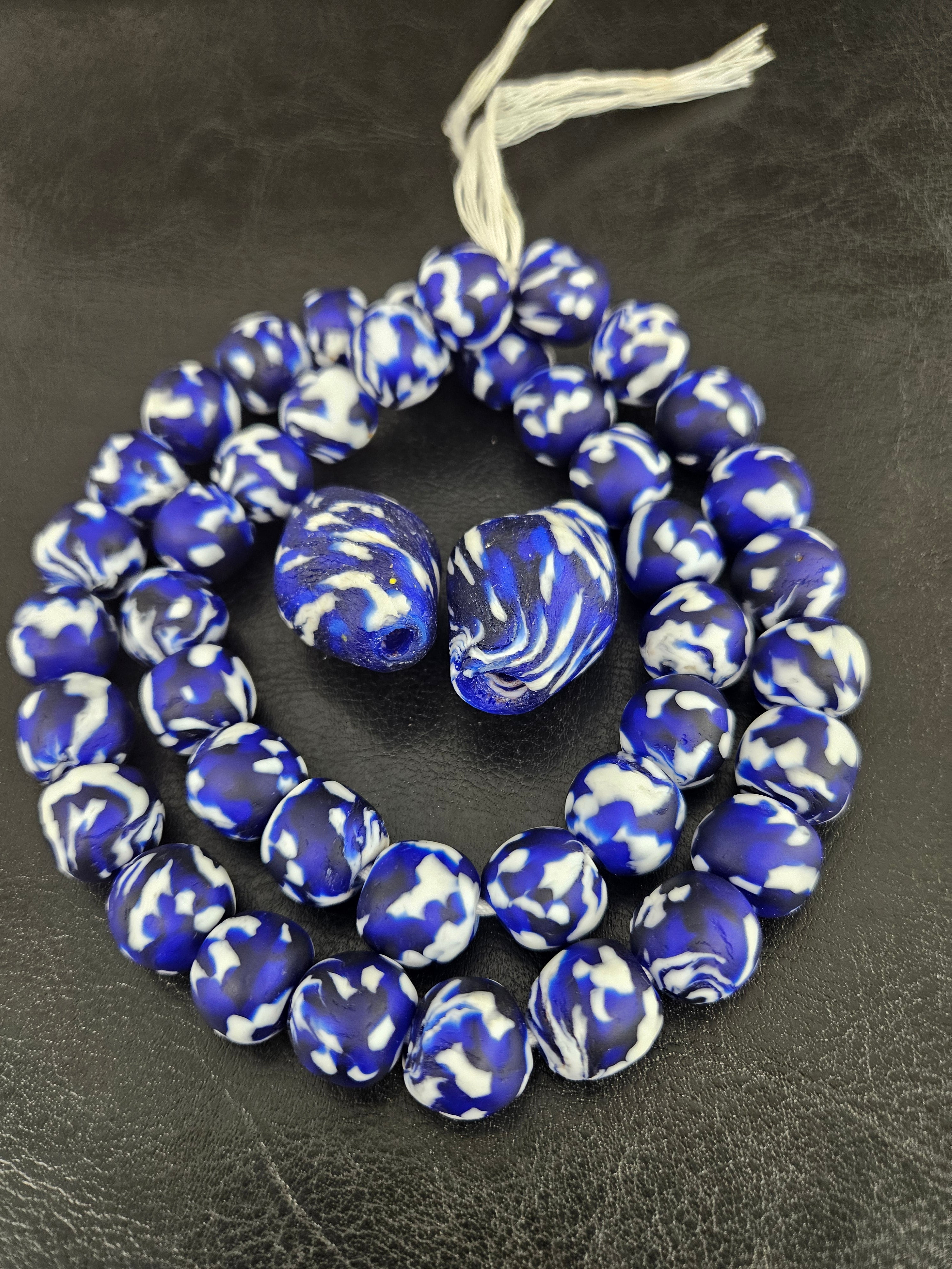 African Glass Bead Bundle – Blue & White Krobo Rounds + Focal Beads