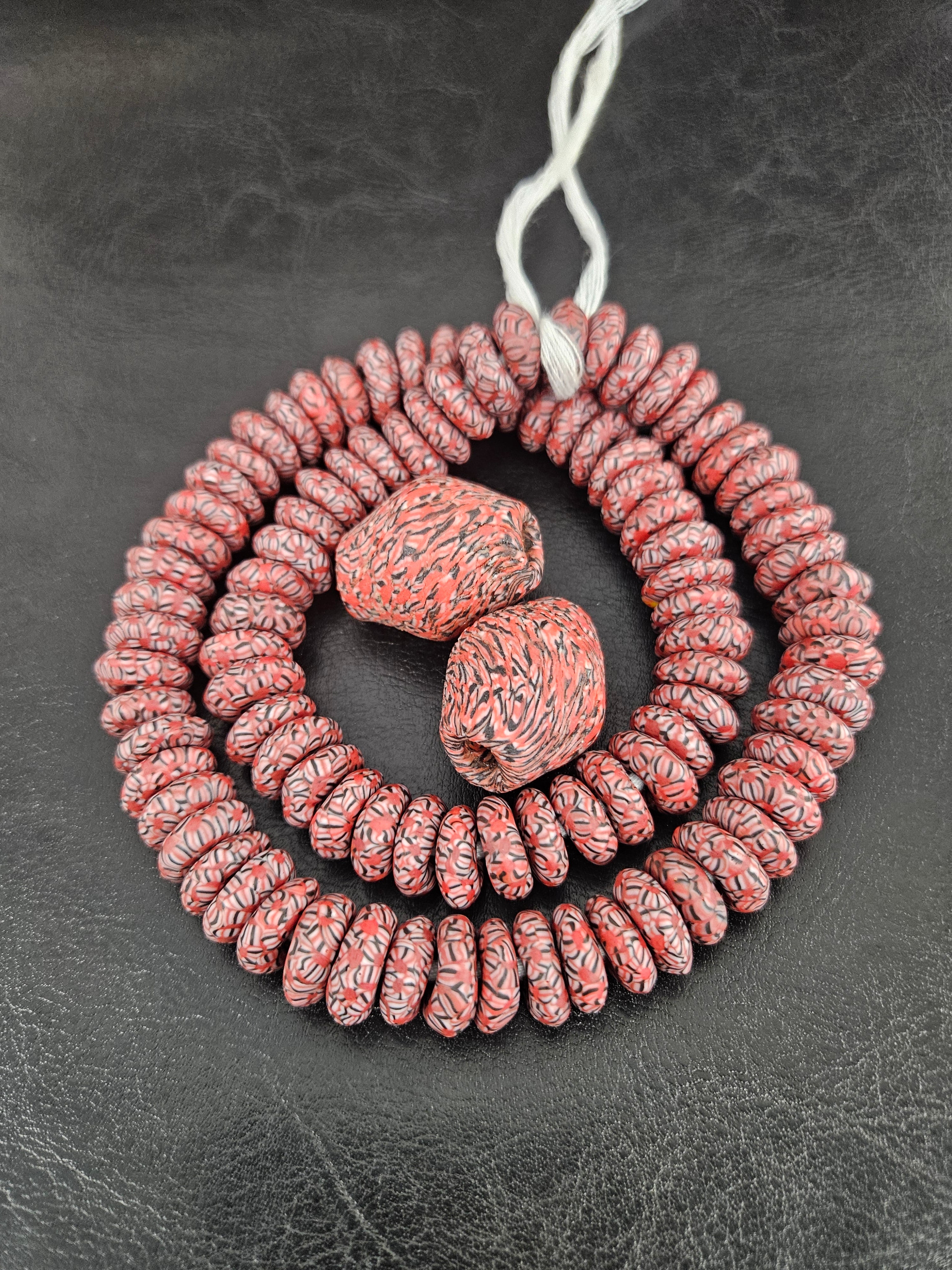 African Glass Bead Bundle – Coral Krobo Rondelles + Bicone Focal Beads