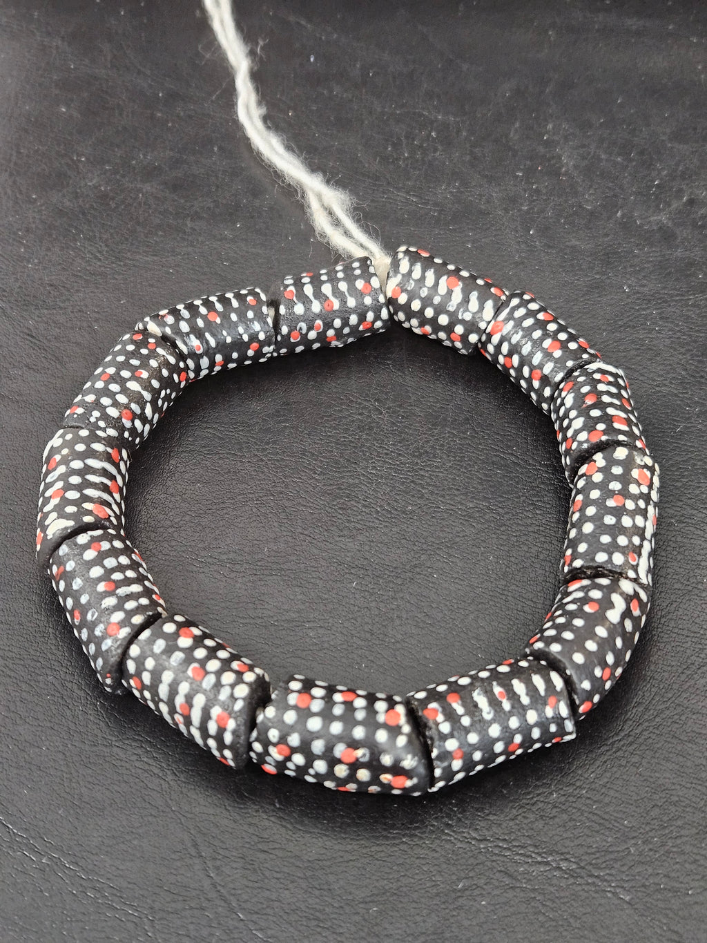 Painted Krobo Glass Beads | Black Red & White Polka Dot Long Tube Beads | Handcrafted Ghana Recycled Glass Beads