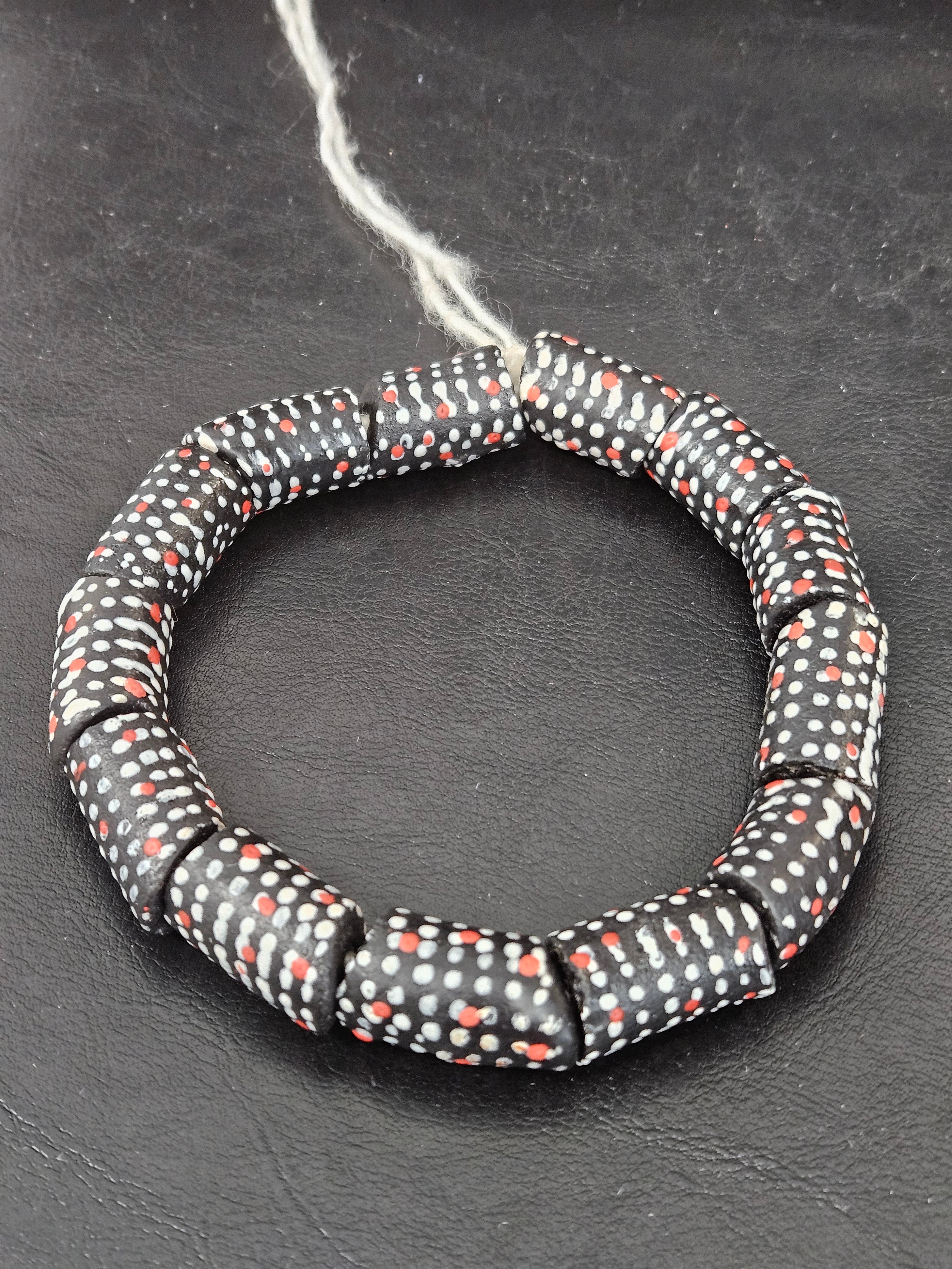 Painted Krobo Glass Beads | Black Red & White Polka Dot Long Tube Beads | Handcrafted Ghana Recycled Glass Beads