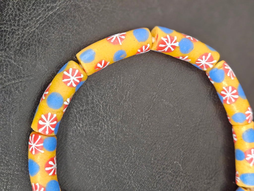 Golden Yellow Krobo Painted Glass Tube Beads with Royal Blue & Coral Red Floral Motifs | Handcrafted Recycled Glass from Ghana