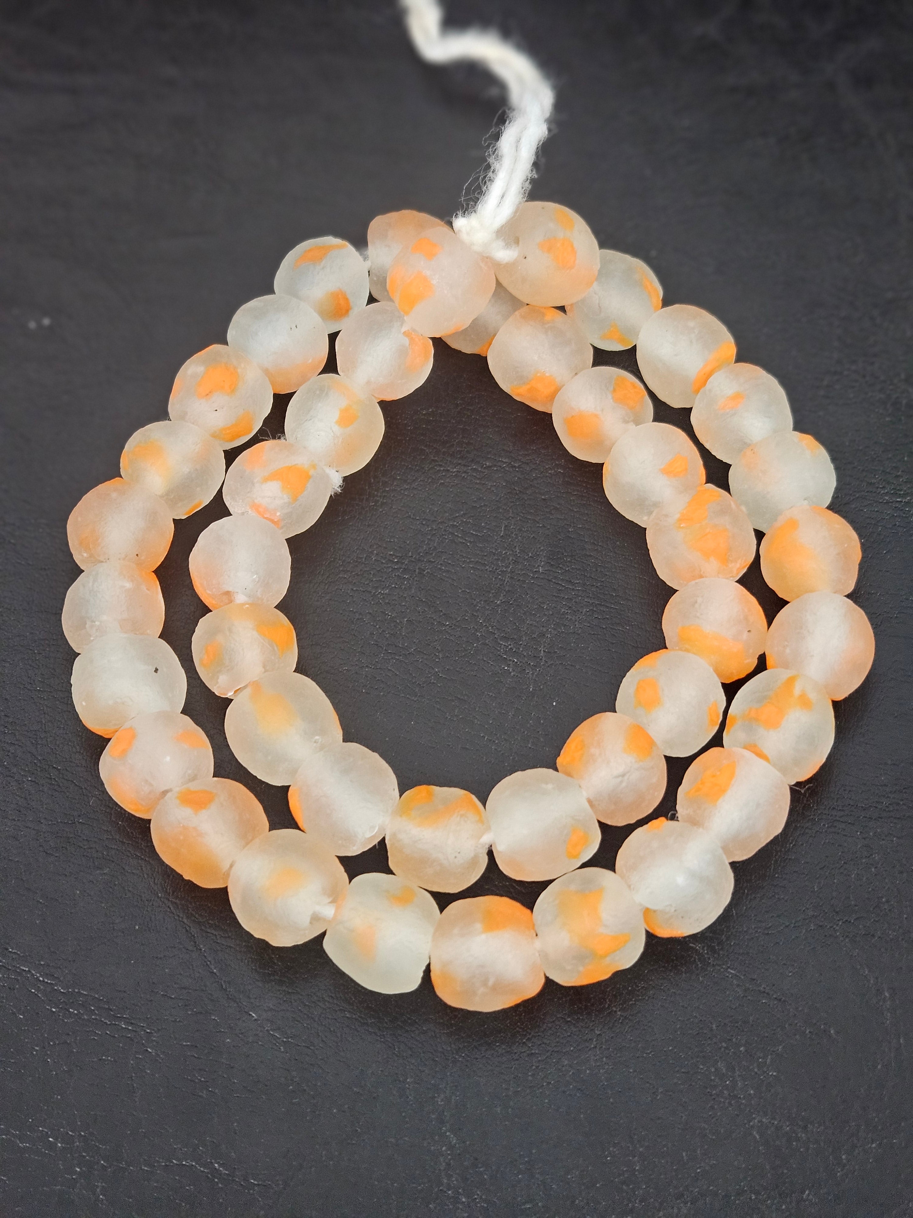 Authentic African Beads from Ghana | Orange Speckled Translucent Krobo Recycled Glass Beads | Handmade 12–14mm