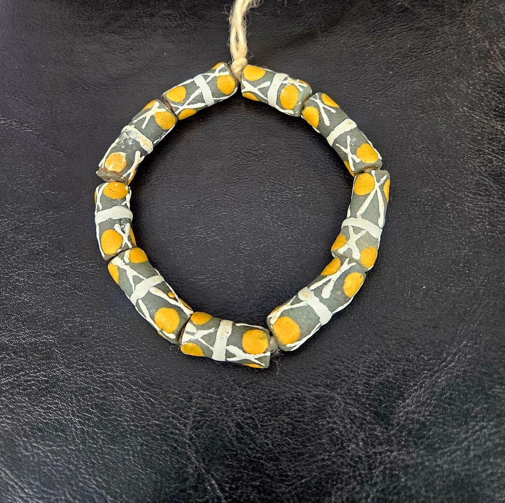 African Glass Beads – Painted Krobo Long Tubes, Green & Gold
