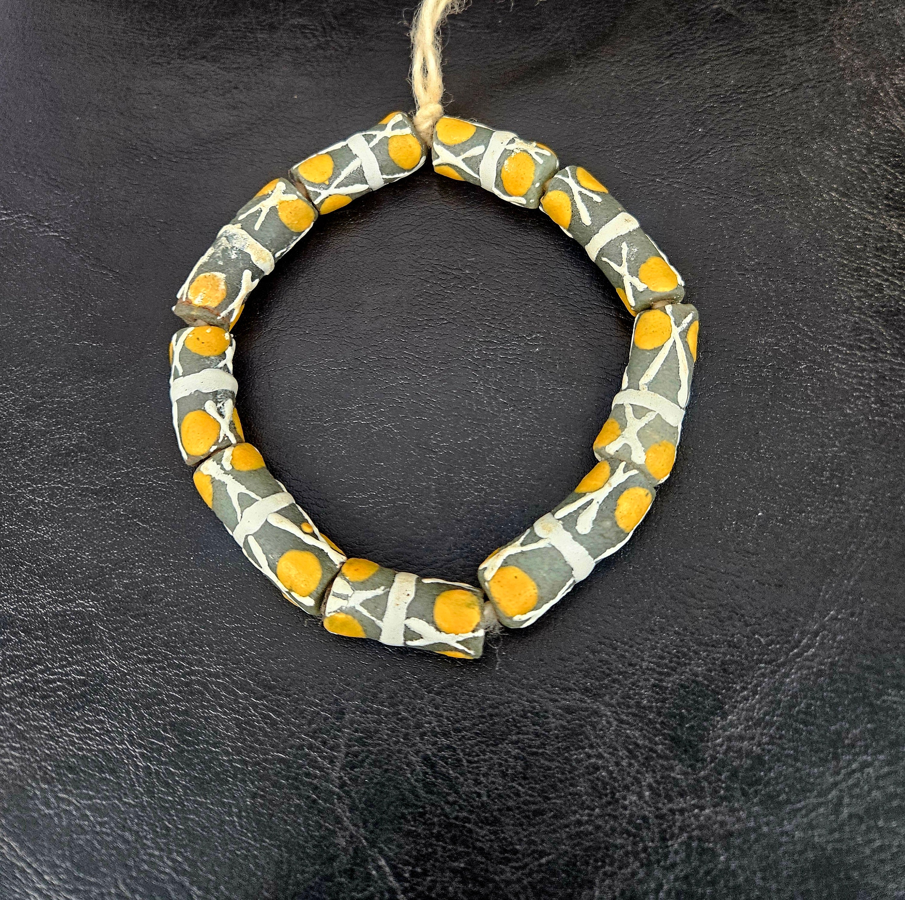 African Glass Beads – Painted Krobo Long Tubes, Green & Gold