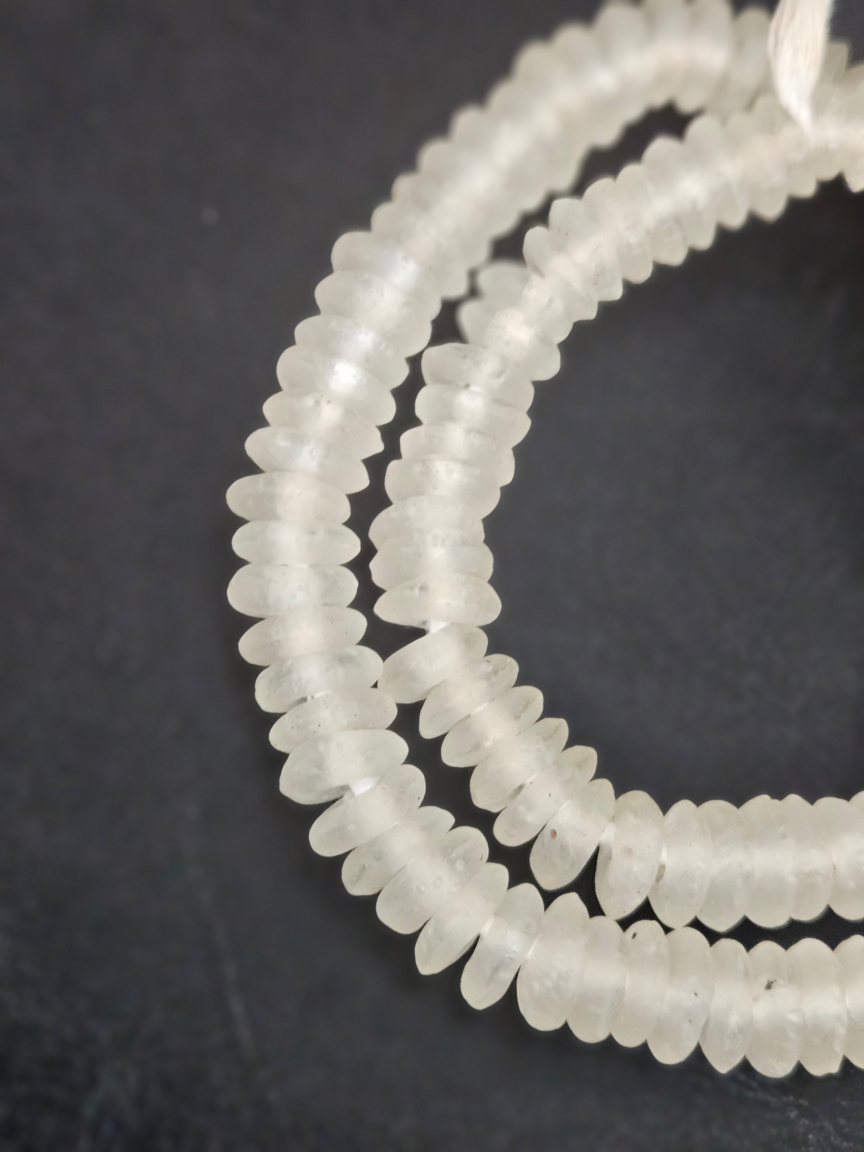 Crystal White Krobo Translucent Recycled Glass Rondelle Beads | Sustainable Handmade Designer Beads