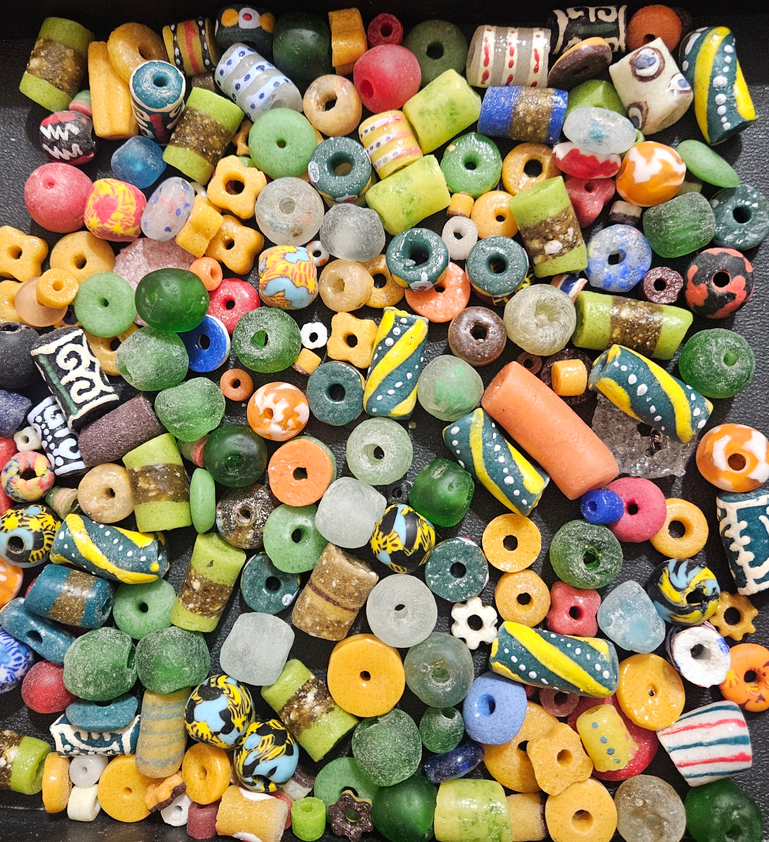 African Krobo Recycled Glass Beads Mix (Forest Green + Sun Gold) — 1 Cup, 160+ Handmade Ghana Beads, 1lb | ABM253