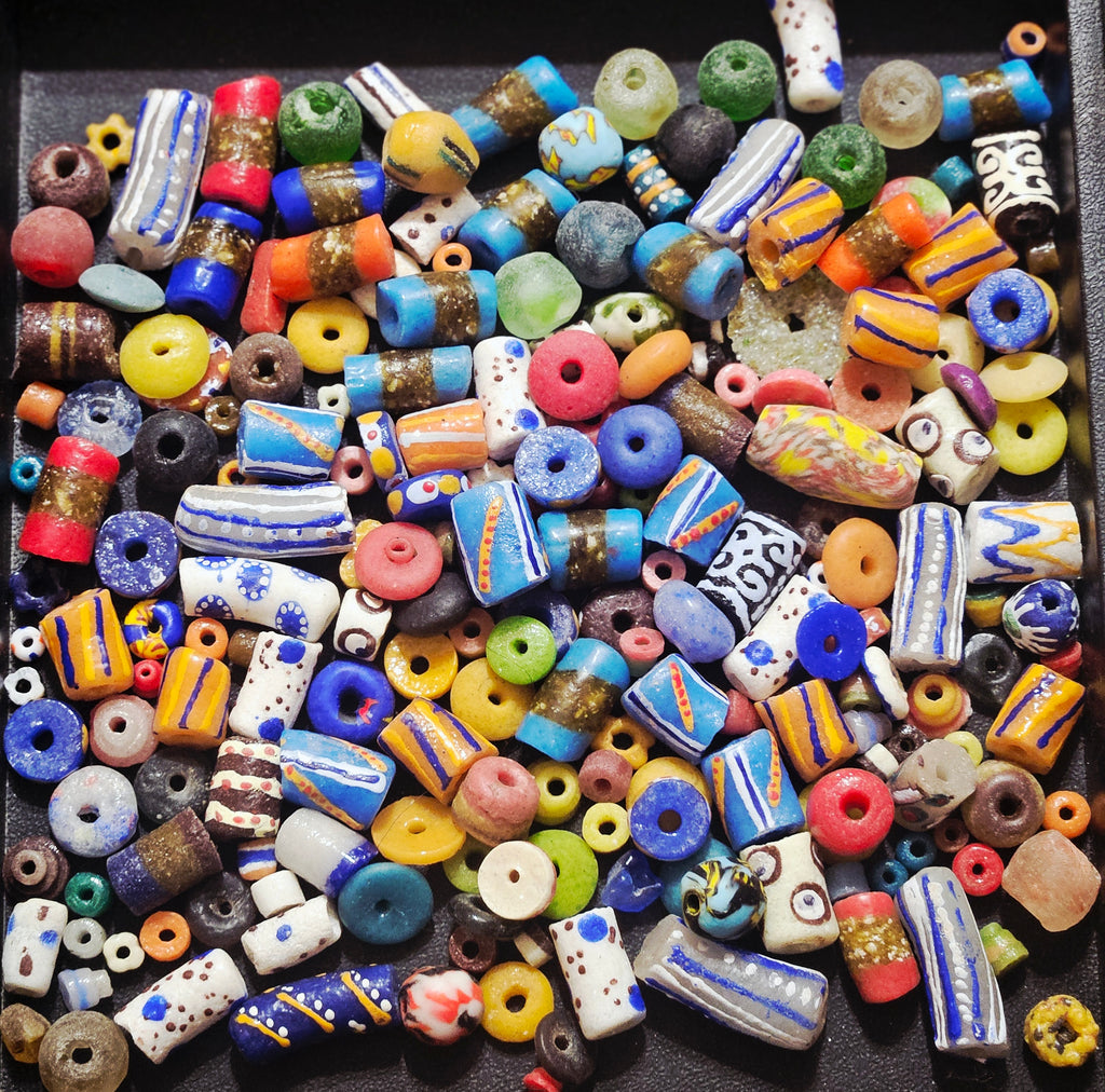 African Krobo Recycled Glass Beads Mix (Coastal Blue + Sun Yellow) — 1 Cup, 160+ Handmade Ghana Beads, 1lb | ABM255