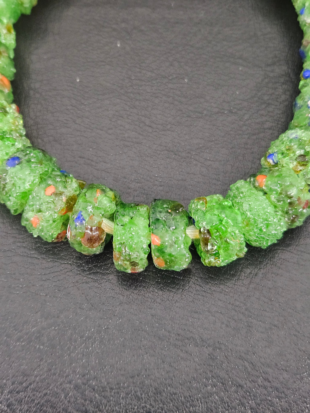 Green Confetti Krobo Sugar Glass Short Tube Beads | Handcrafted Recycled Glass Beads from Ghana | Approx. 32 Beads Per Strand
