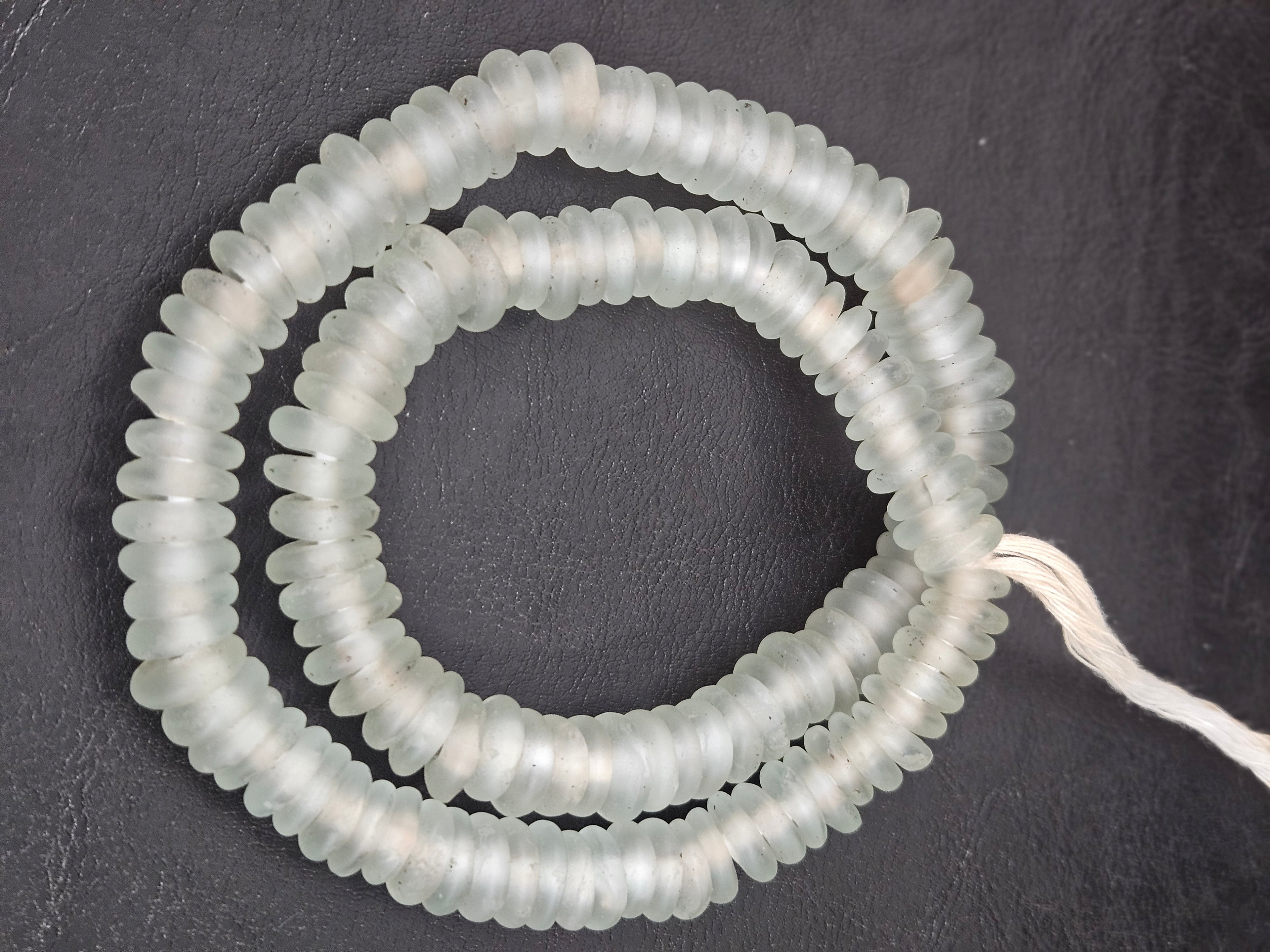 Authentic Frost White Krobo Translucent Recycled Glass Rondelle Beads Handmade in Ghana