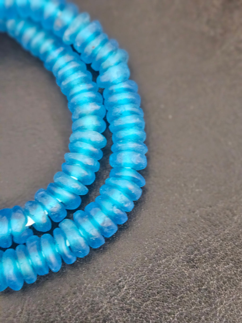 Authentic Bright Aqua Krobo Translucent Recycled Glass Rondelle Beads | Handmade in Ghana