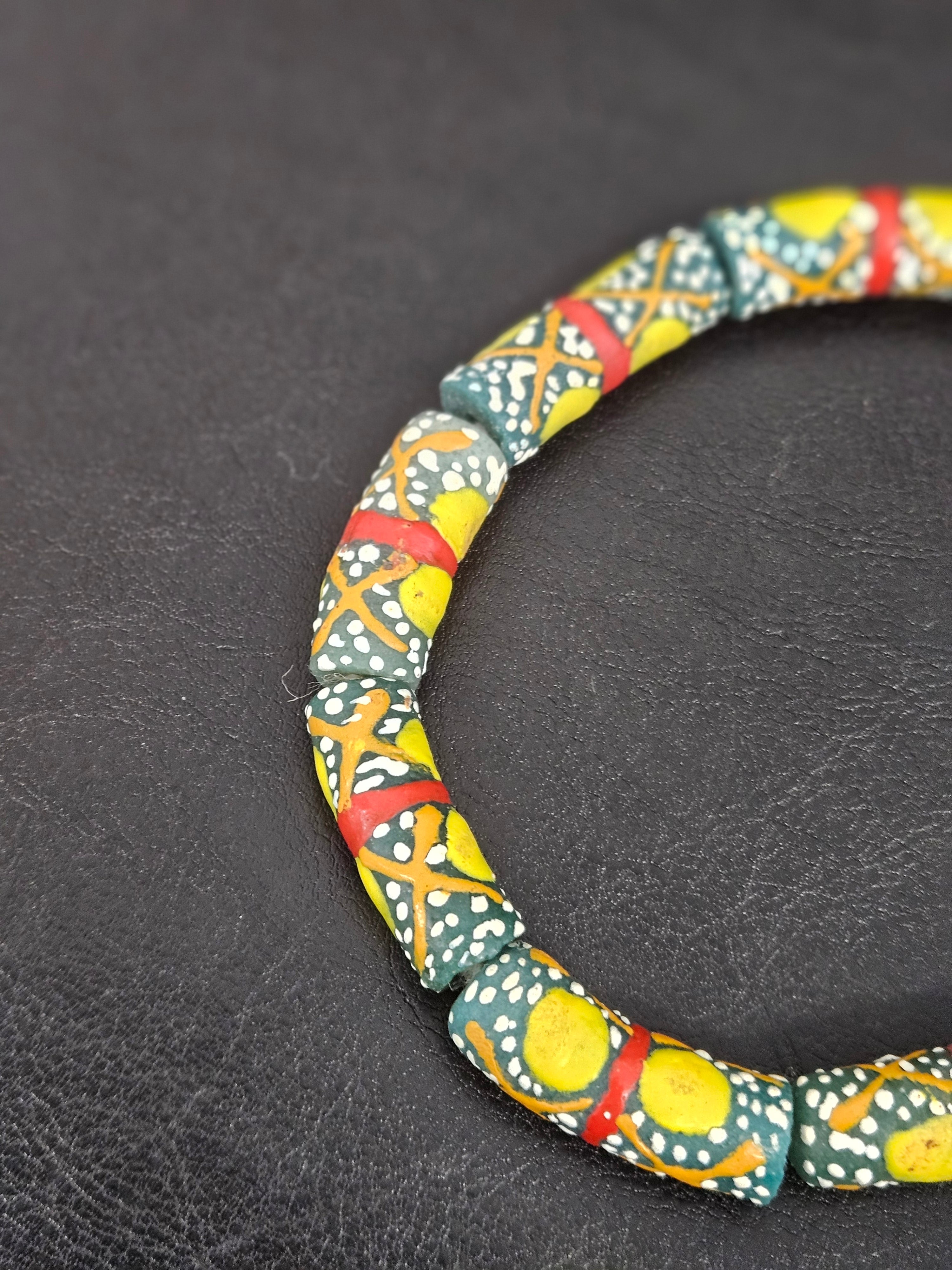 Olive Green Krobo Painted Glass Tube Beads with Golden Yellow Medallions & Terracotta Geometric Motifs